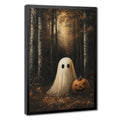 sheet ghost beside a carved pumpkin in an autumn forest in black, amber, cream tones — Black Frame HERO