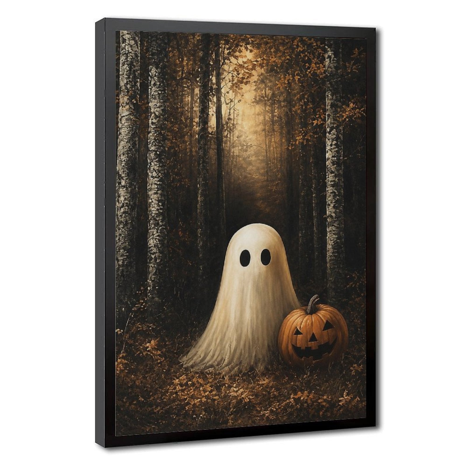 sheet ghost beside a carved pumpkin in an autumn forest in black, amber, cream tones — Black Frame HERO