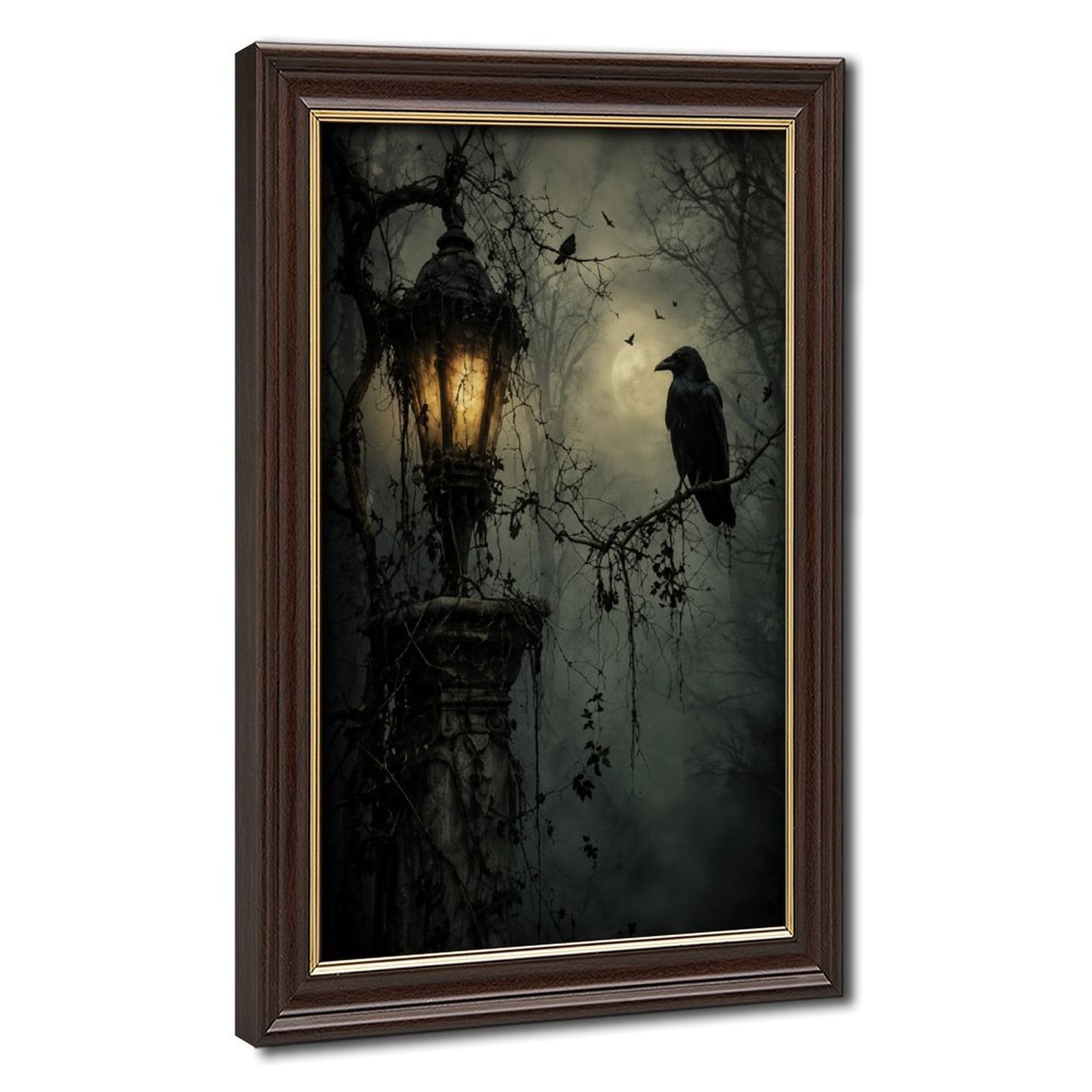 raven perched beside a glowing antique lantern in charcoal, black, amber tones — Wood Grain Gold Frame HERO