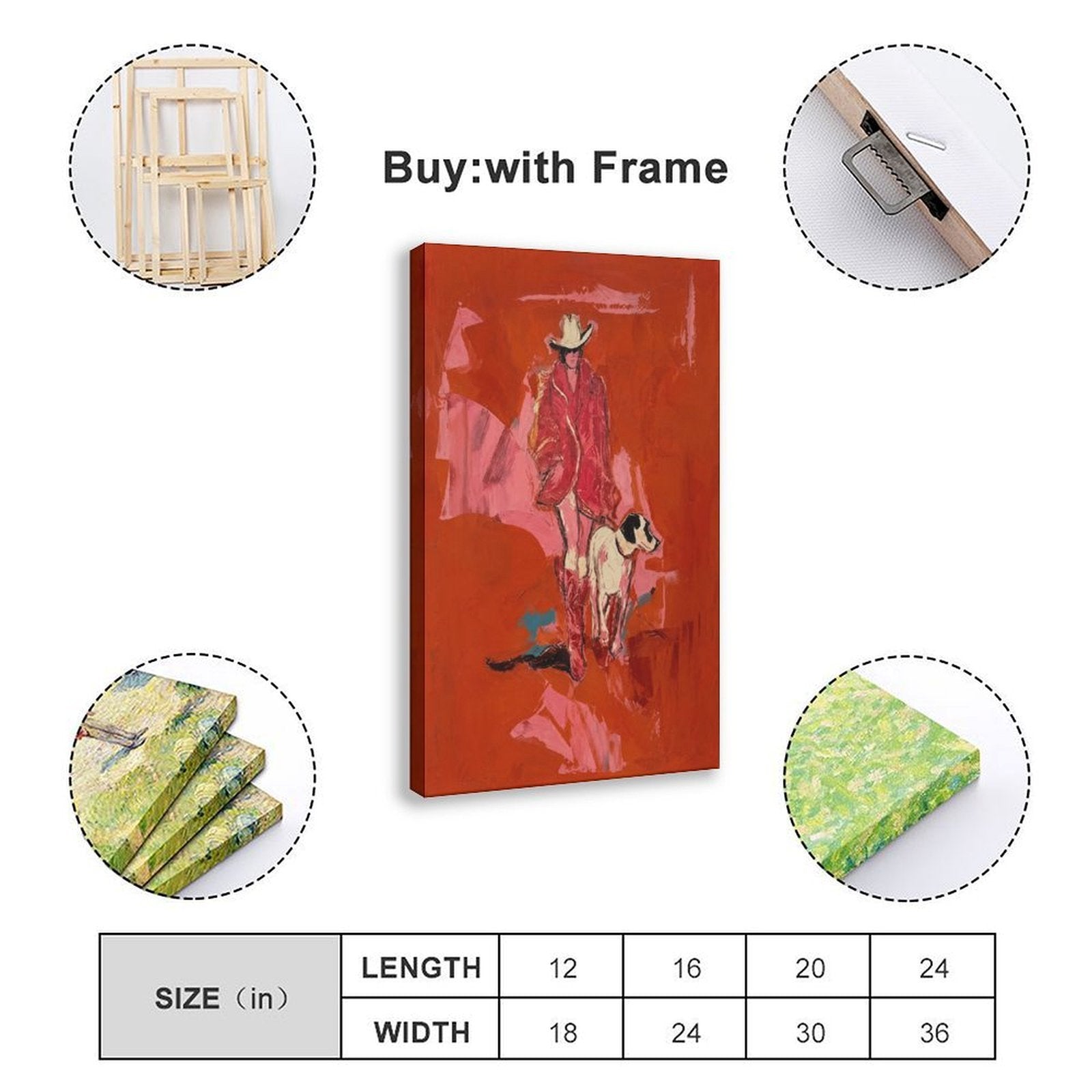 Expressive red cowboy walking beside a black-and-white hound on a painterly red background — Wrapped Canvas SIZE_GUIDE