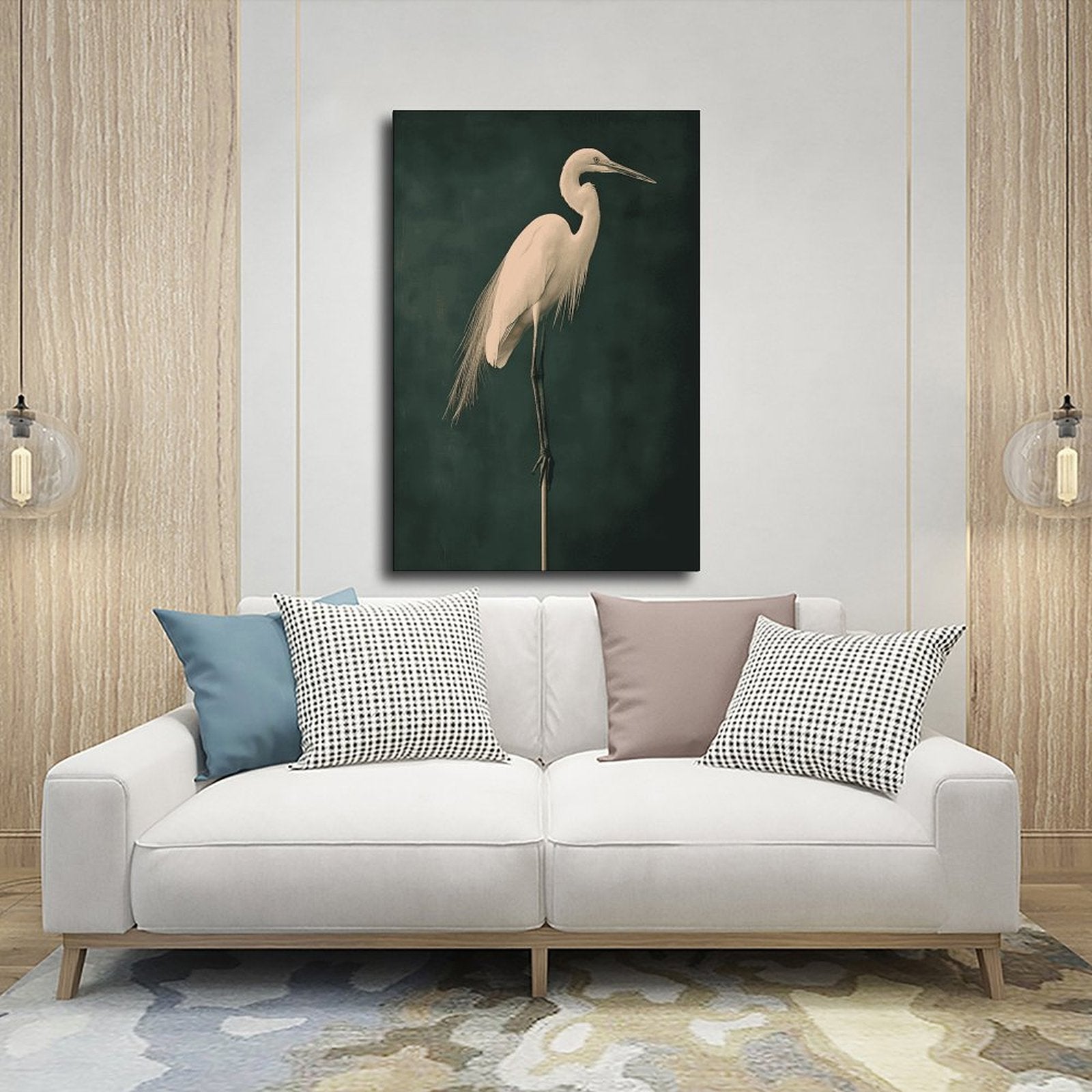 white heron standing against a deep green background in minimalist animal art style — Wrapped Canvas SCENE_03
