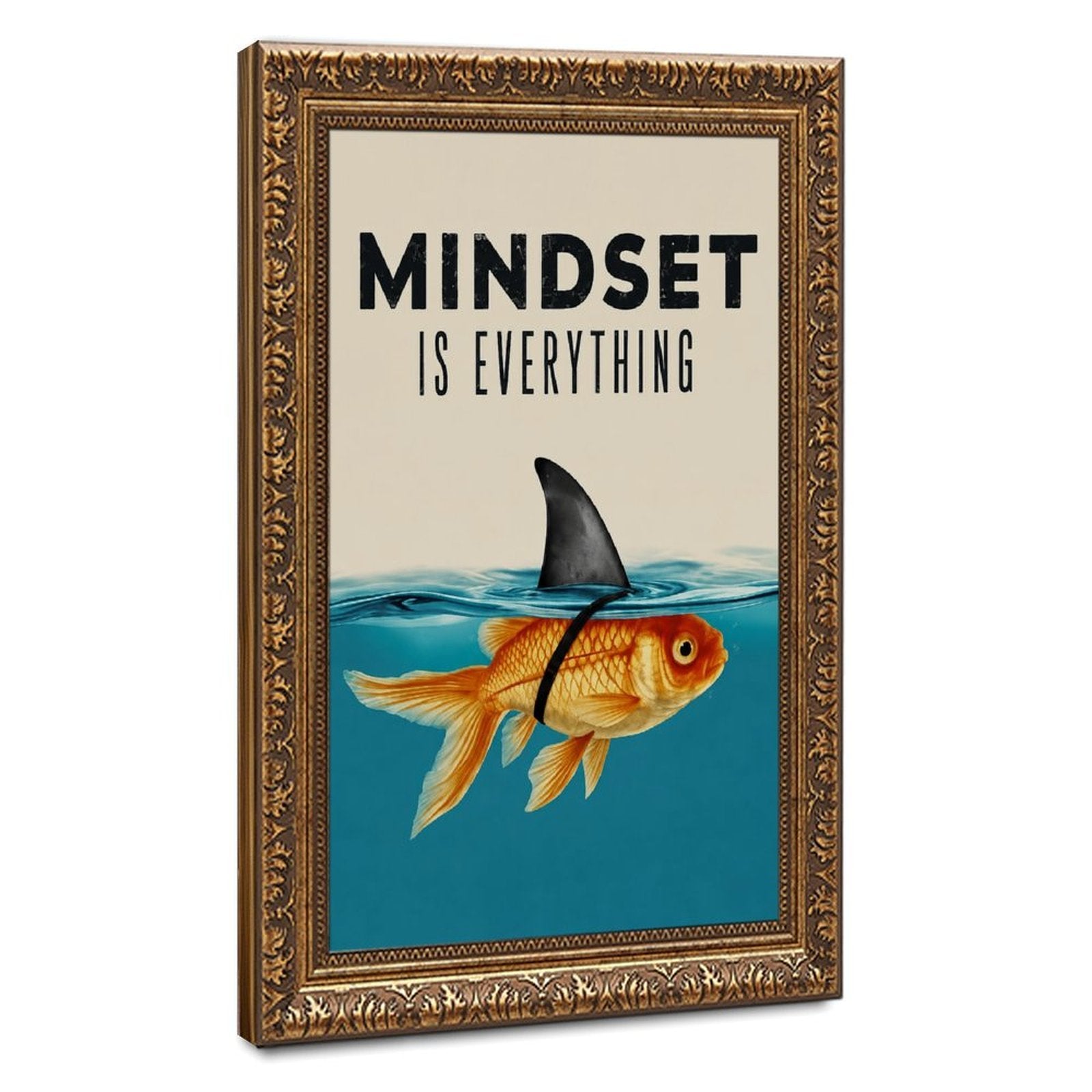 goldfish wearing a shark-fin disguise beneath motivational typography in teal blue, gold orange, cream tones — Vintage Gold Frame HERO