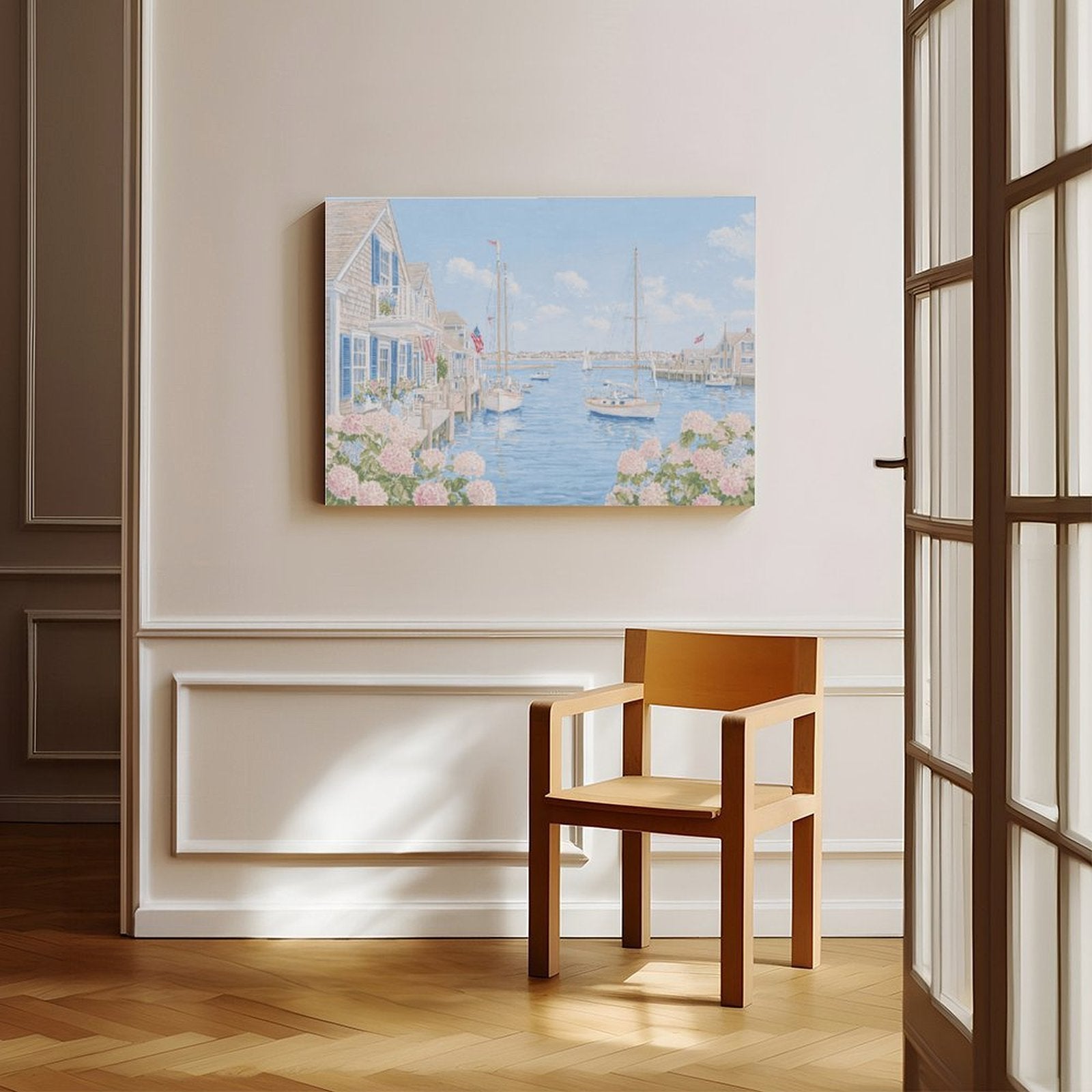 pastel coastal harbor village with boats in coastal landscape painting style — Wrapped Canvas SCENE_06