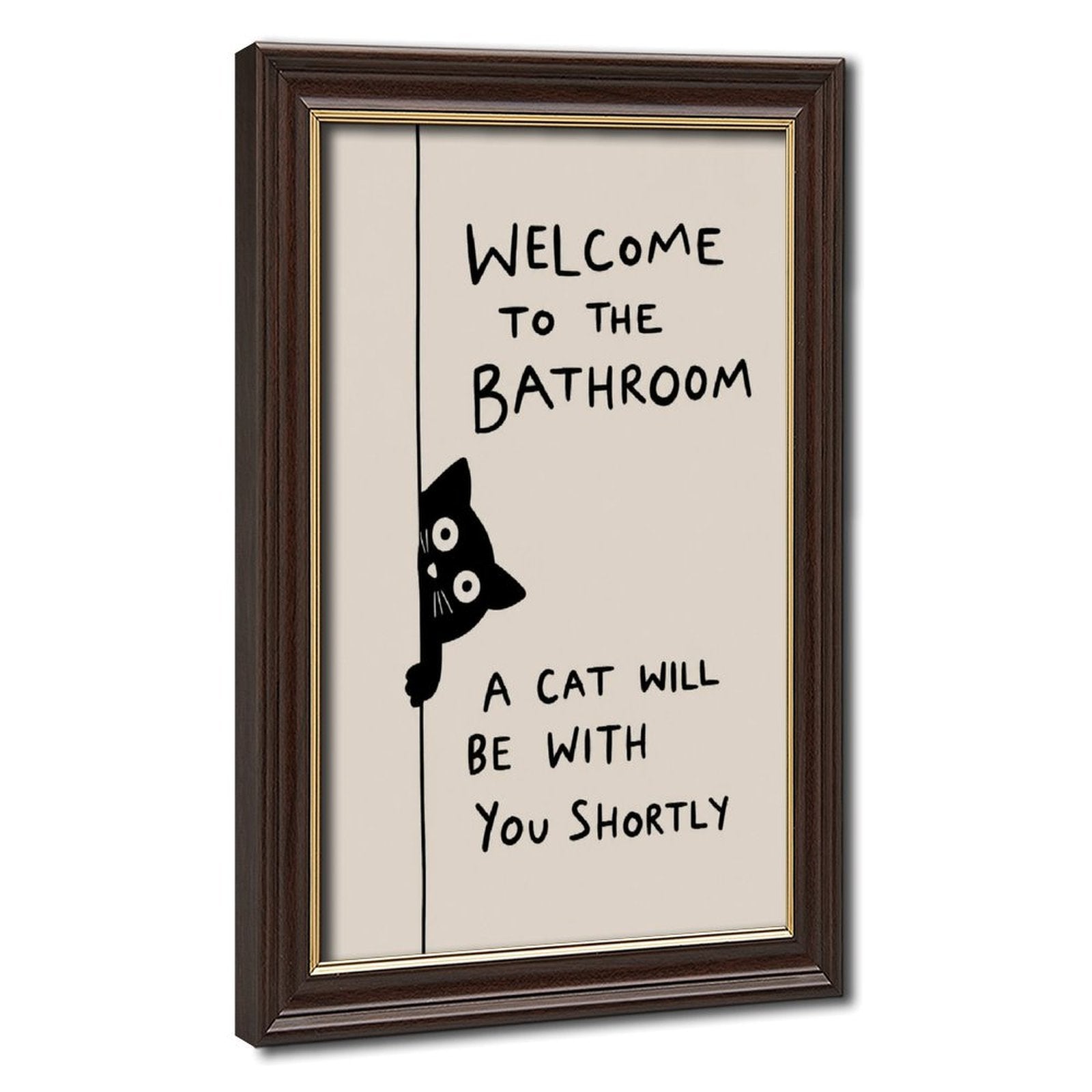 black cat peeking beside bathroom typography in black, cream tones — Wood Grain Gold Frame HERO