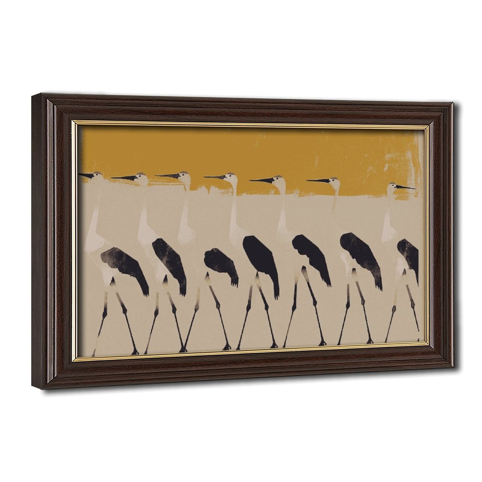 row of stylized pale birds in abstract animal art style — Wood Grain Gold Frame HERO