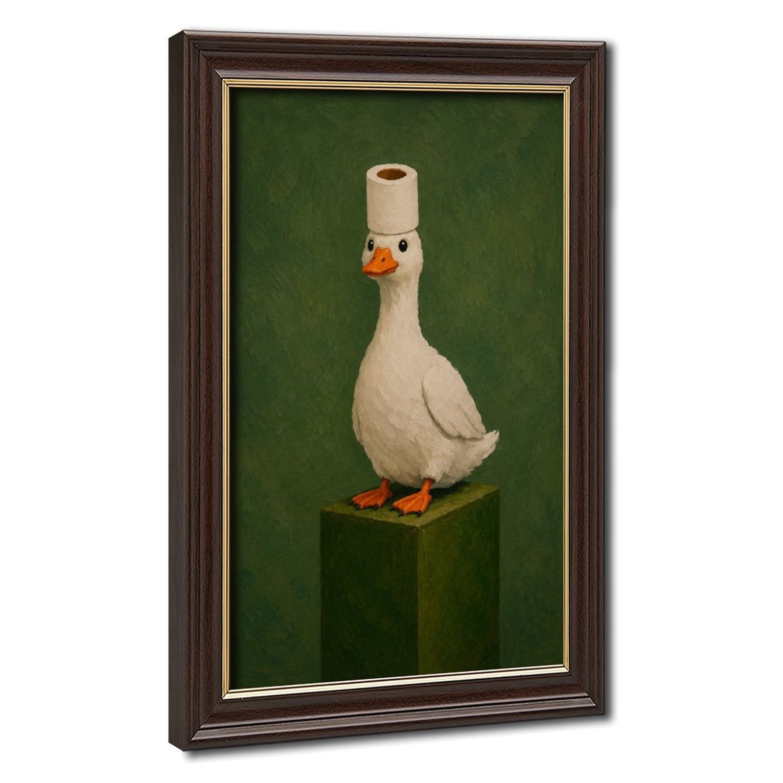 white goose wearing a toilet paper roll like a hat in olive green, white, orange tones — Wood Grain Gold Frame HERO