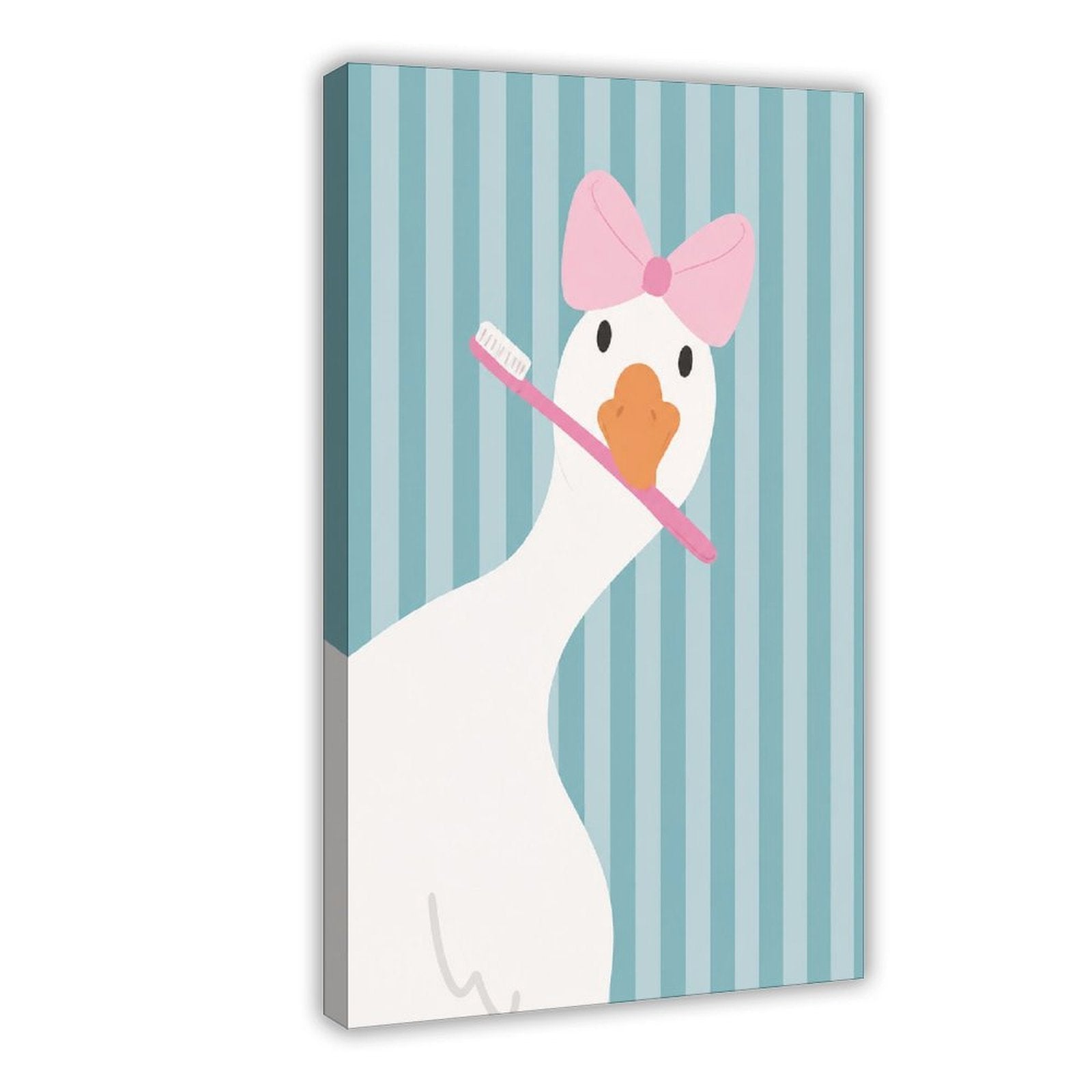 white duck with a pink bow holding a toothbrush in sky blue, white, pink tones — Wrapped Canvas HERO