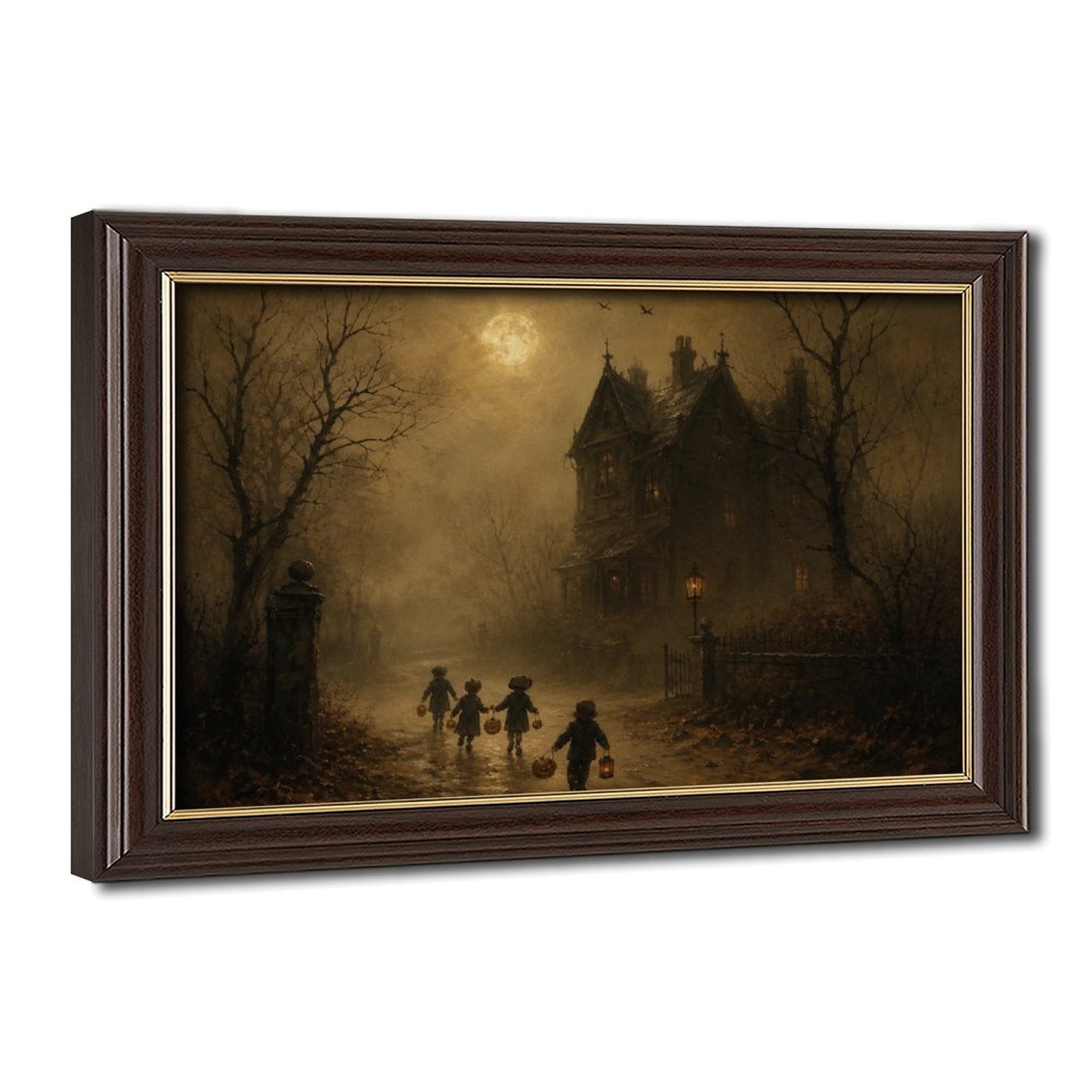 children in Halloween costumes walking toward a haunted house in sepia, black, amber tones — Wood Grain Gold Frame HERO