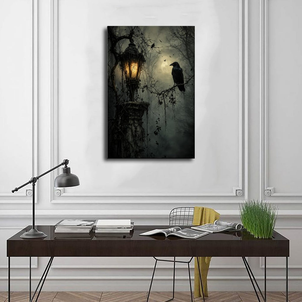 raven perched beside a glowing antique lantern in charcoal, black, amber tones — Wrapped Canvas SCENE_01