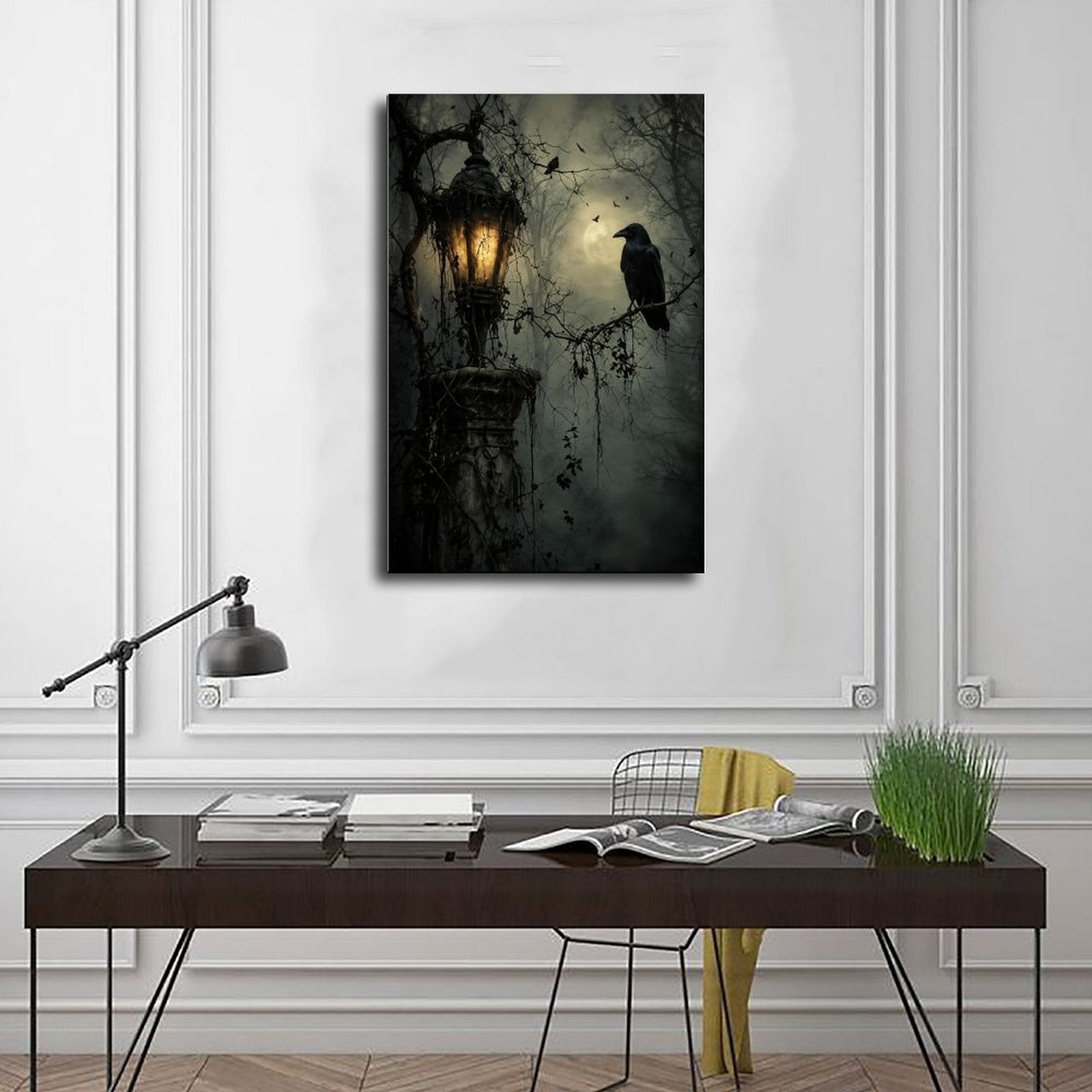 raven perched beside a glowing antique lantern in charcoal, black, amber tones — Wrapped Canvas SCENE_01