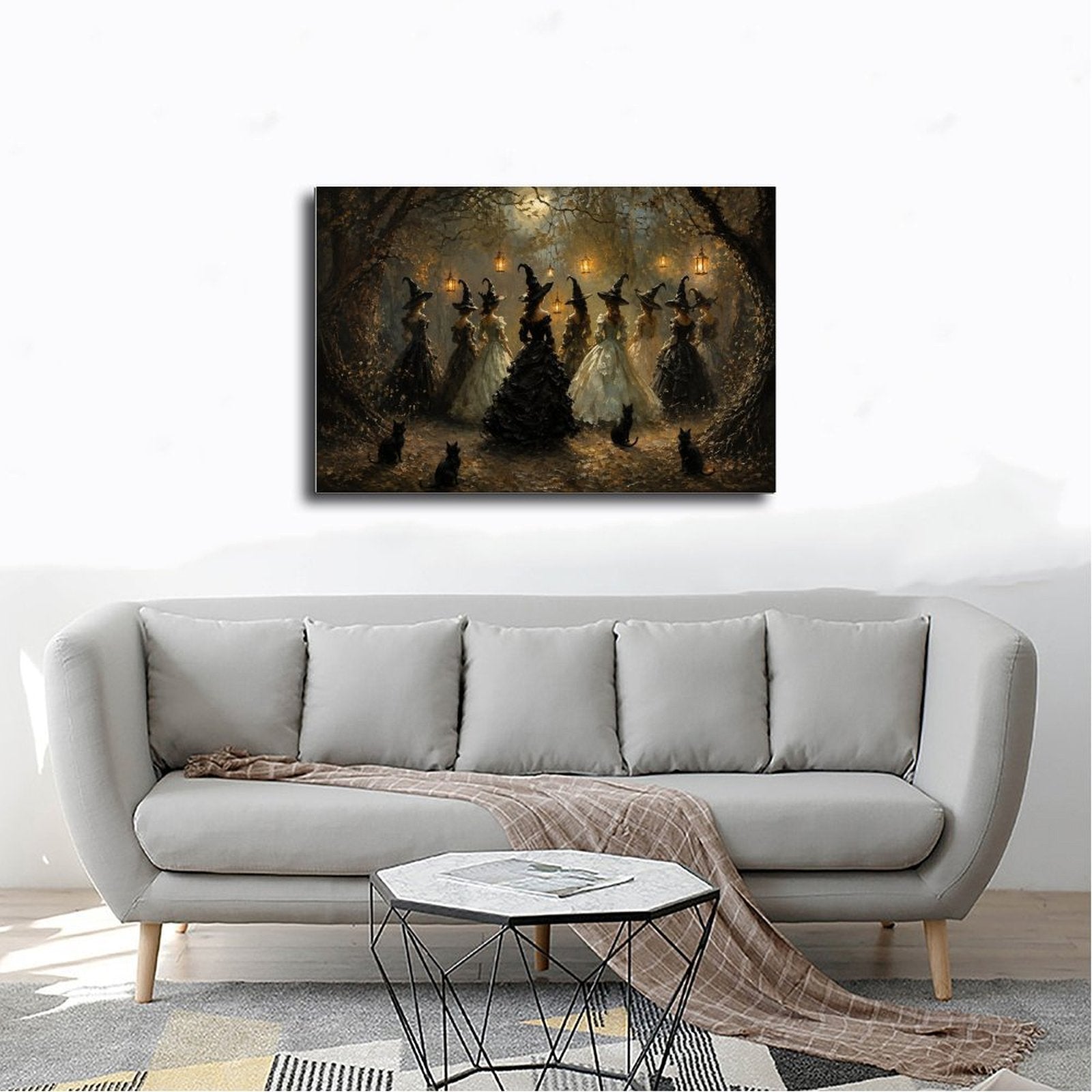 group of witches dancing in a moonlit woodland gathering in black, cream, gold tones — Wrapped Canvas SCENE_02