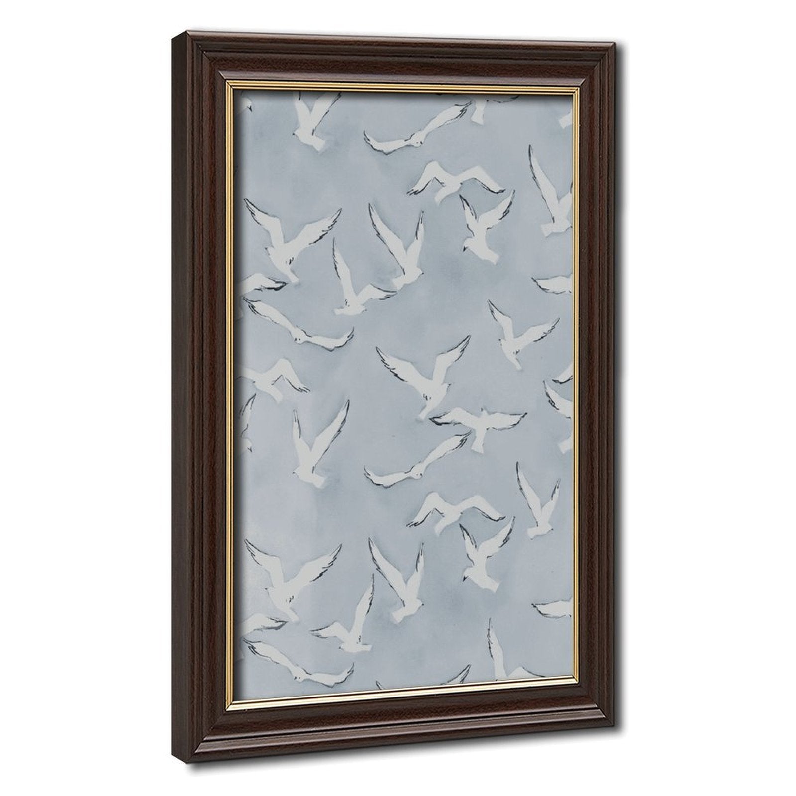 flock of white birds in flight in minimalist animal art style — Wood Grain Gold Frame HERO