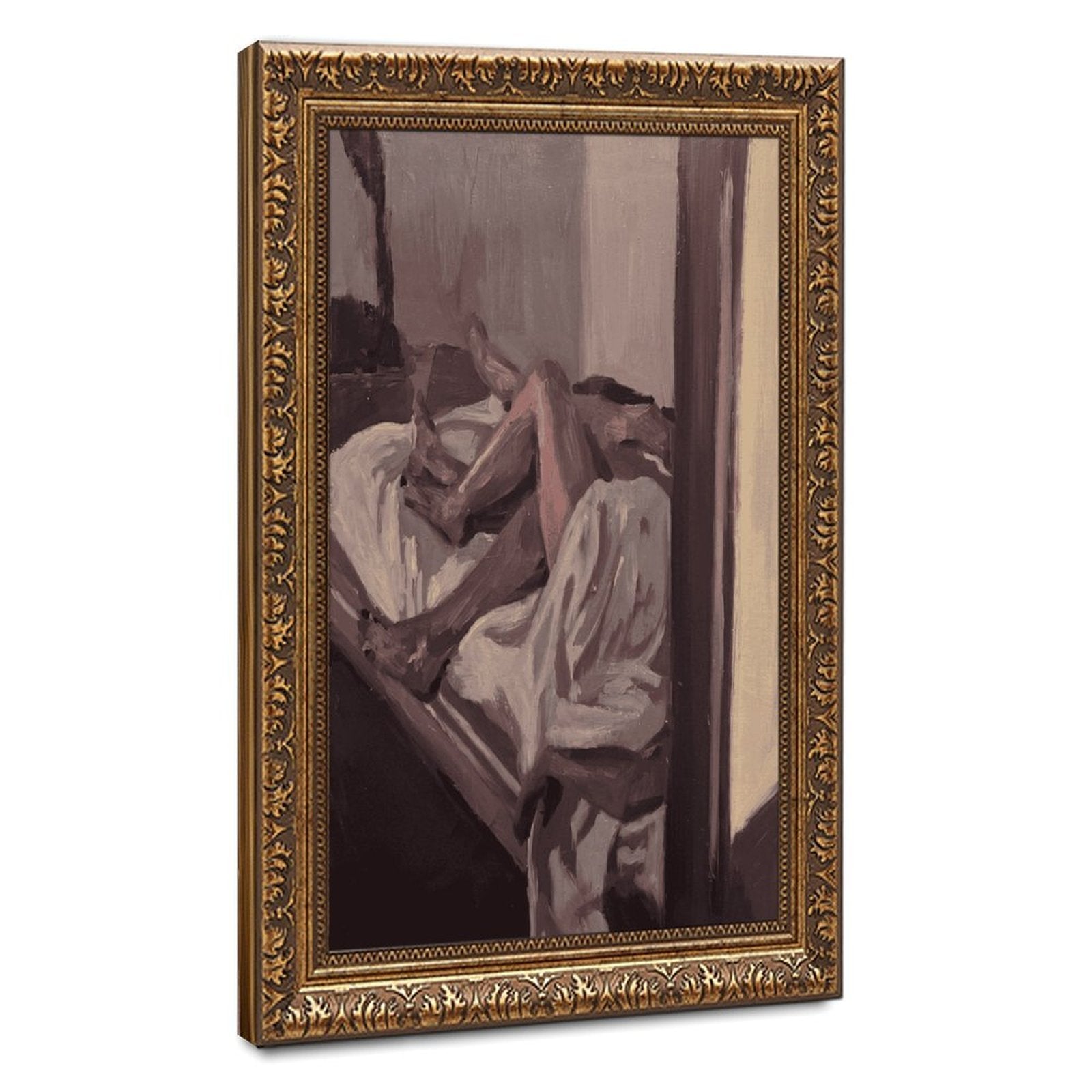 abstract seated figure in muted brown tones in abstract figurative art style — Vintage Gold Frame HERO