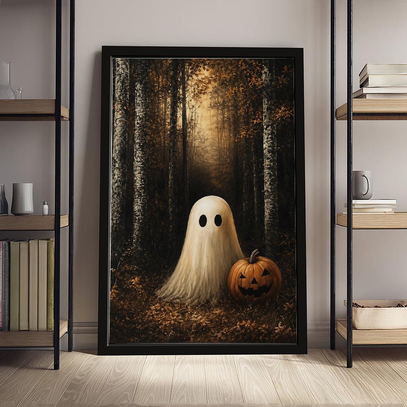 sheet ghost beside a carved pumpkin in an autumn forest in black, amber, cream tones — Black Frame SCENE_01
