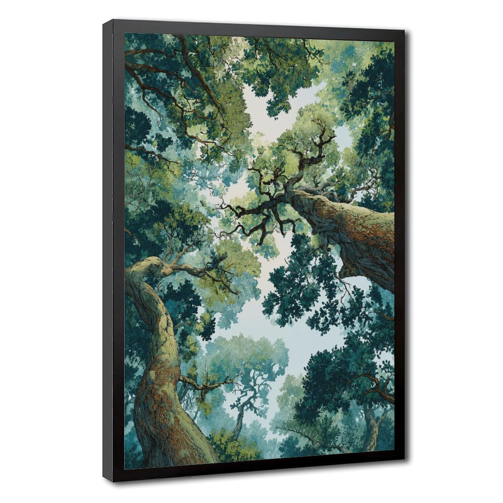 towering forest canopy viewed upward between large trees in deep green, teal, cream tones — Black Frame HERO