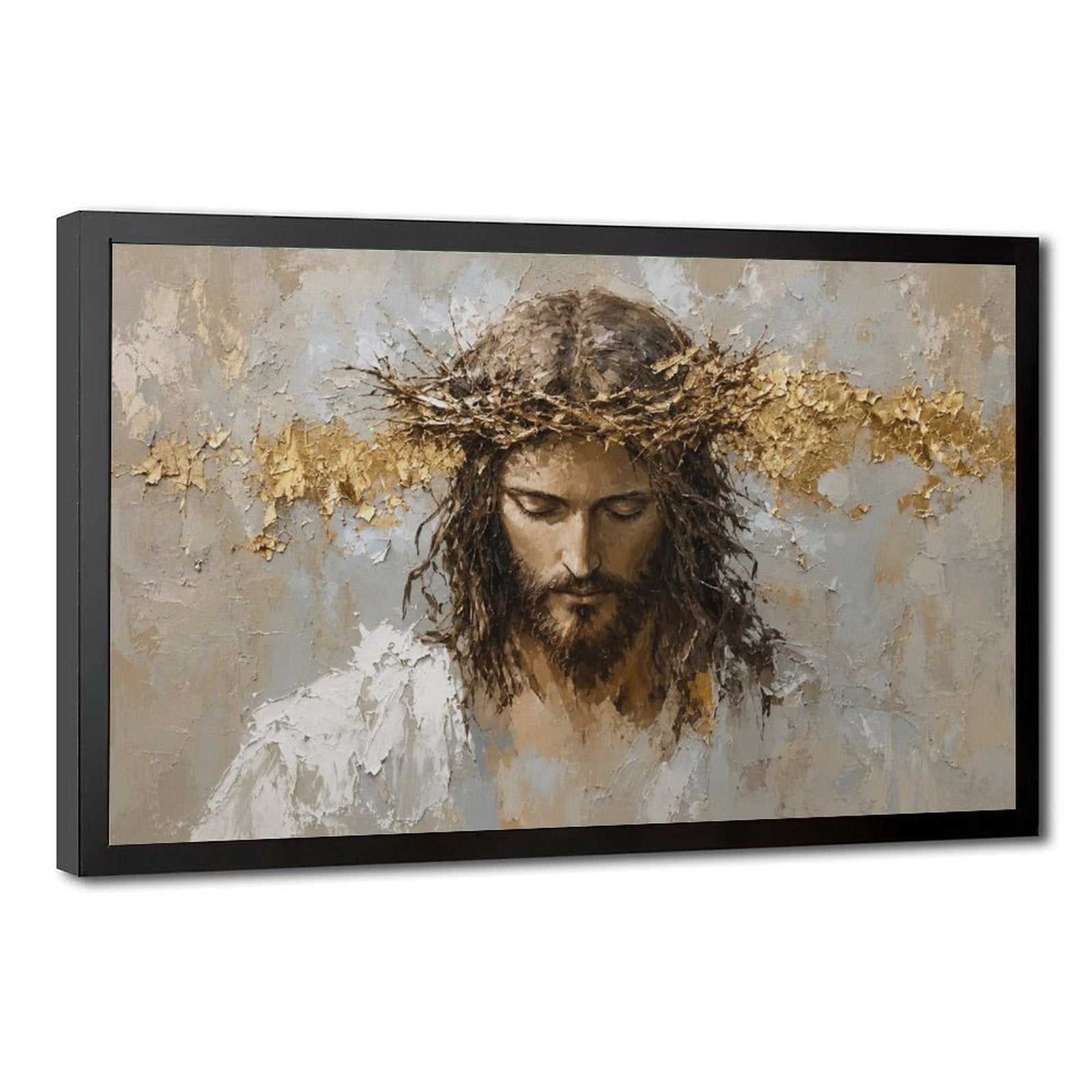 sorrowful sacred figure wearing a crown of thorns in white, taupe, charcoal tones — Black Frame HERO