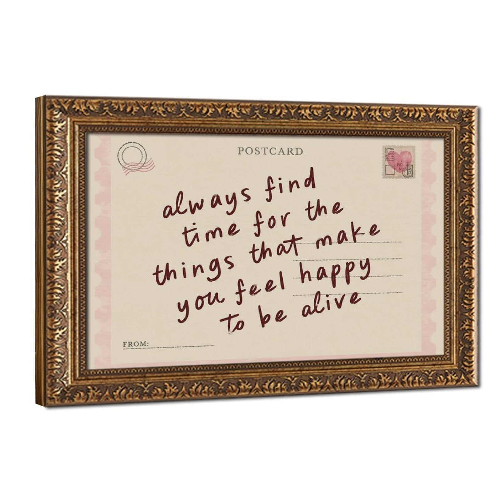 handwritten uplifting quote on a pink vintage postcard in pink, cream, burgundy tones — Vintage Gold Frame HERO