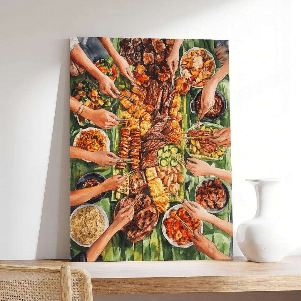 overhead table filled with a colorful shared meal in contemporary food illustration style — Wrapped Canvas SCENE_05
