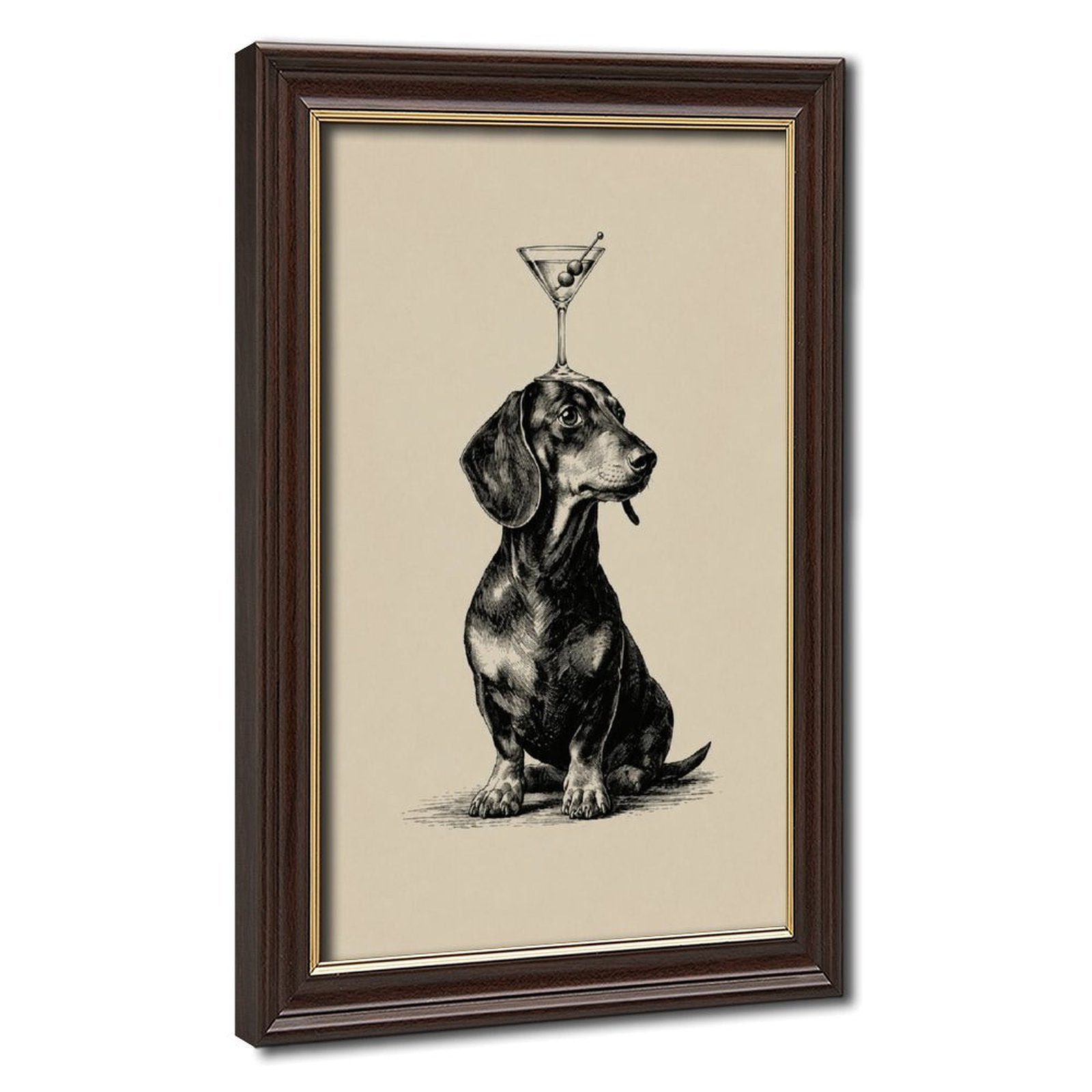 dachshund balancing a cocktail glass on its head in black, warm cream tones — Wood Grain Gold Frame HERO