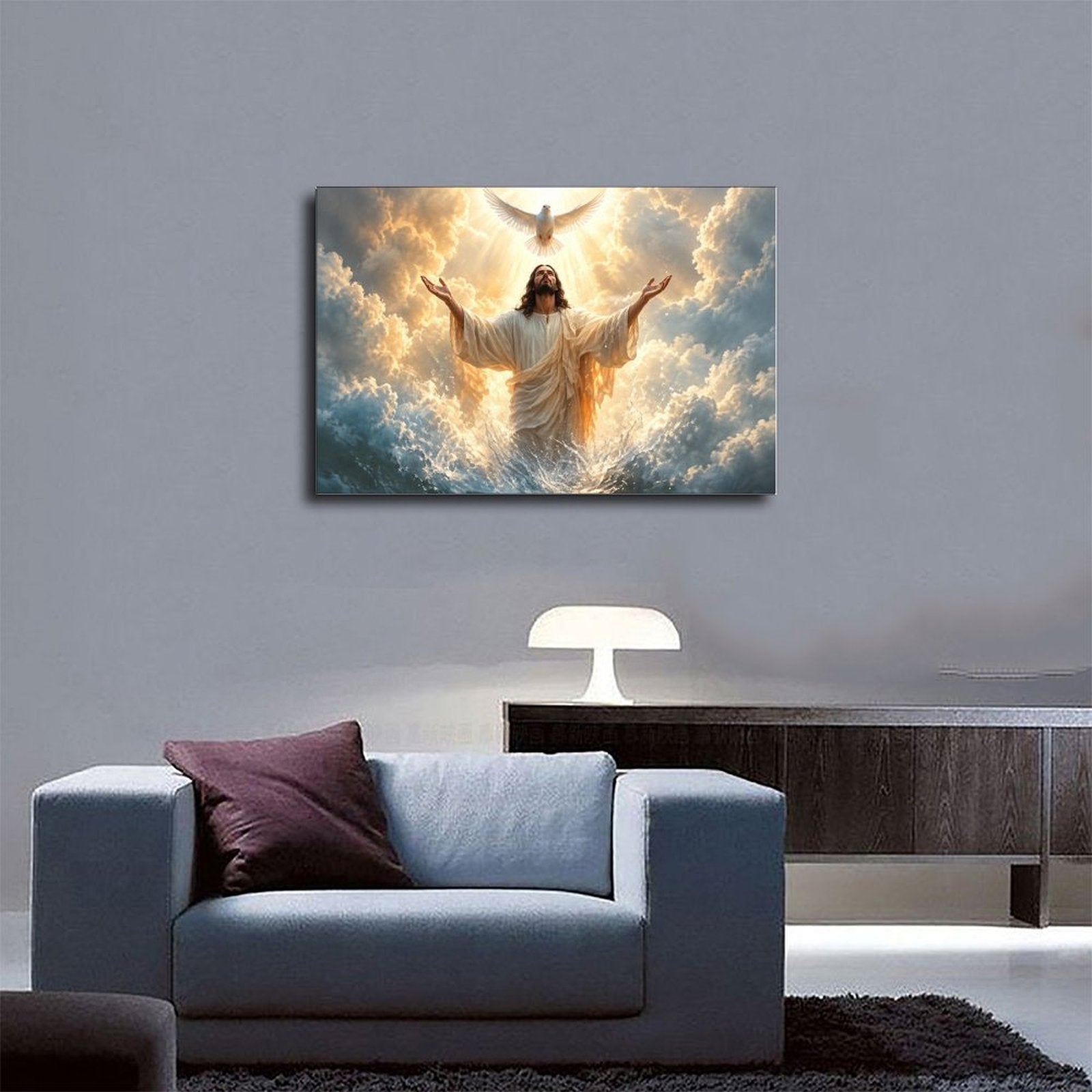 Robed sacred figure with raised arms beneath a white dove in golden clouds and light — Wrapped Canvas SCENE_03