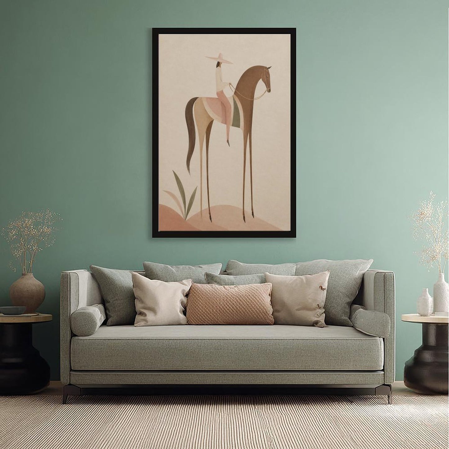 Soft Blush Long Horse canvas wall art featuring a graceful long-limbed horse in soft blush pink, warm beige, muted cream tones, displayed in the Solid Wood Black Frame style