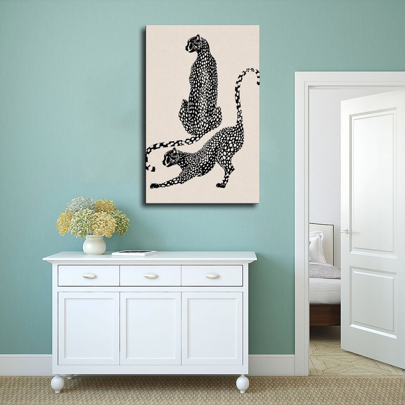 two spotted big cats in contrasting poses in black, warm cream tones — Wrapped Canvas SCENE_02