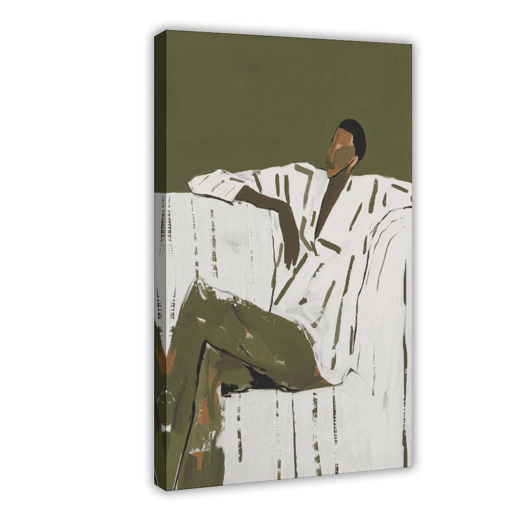 seated man in a white shirt and olive trousers in minimalist figurative art style — Wrapped Canvas HERO