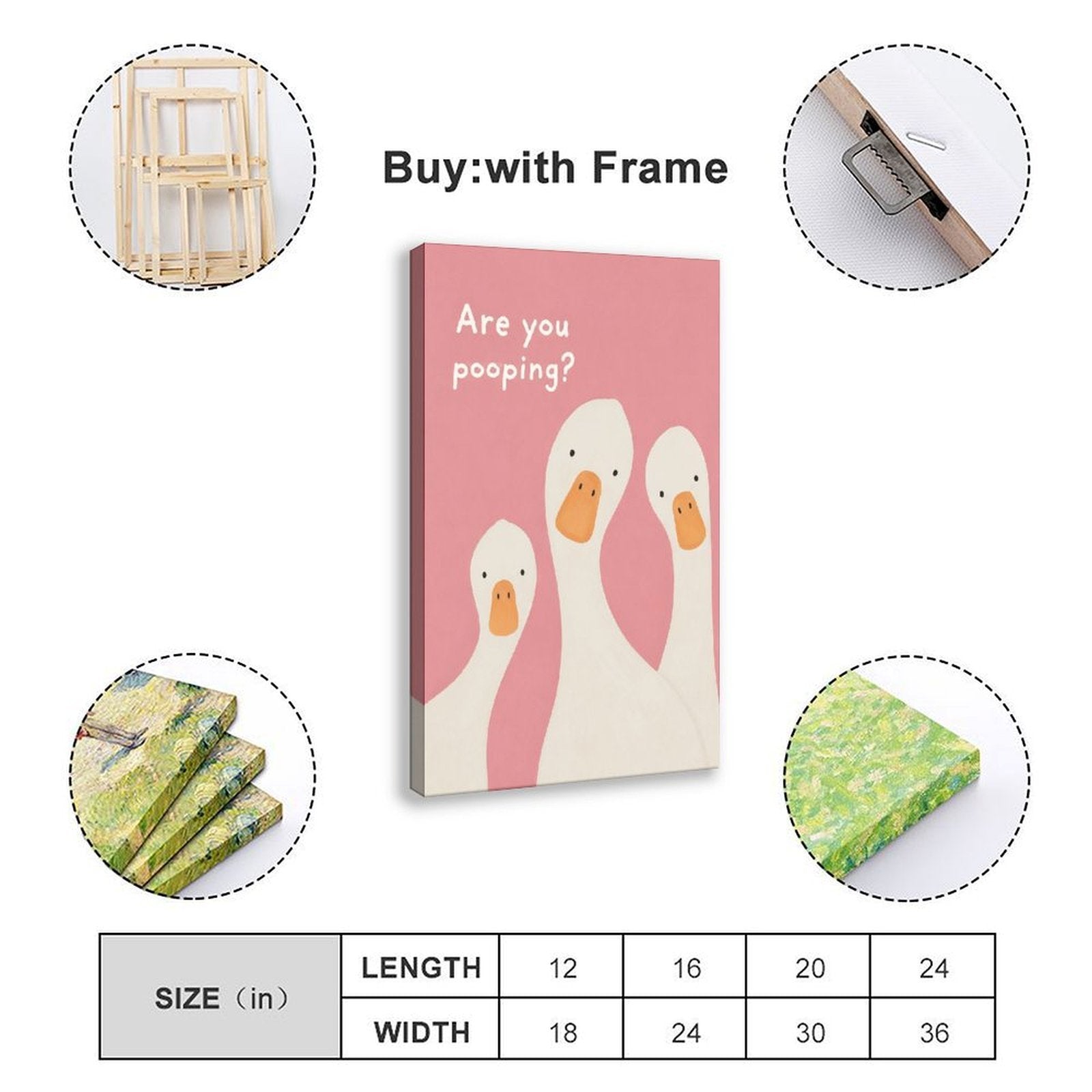 three white ducks beneath bathroom humor typography in pink, white, orange tones — Wrapped Canvas SIZE_GUIDE