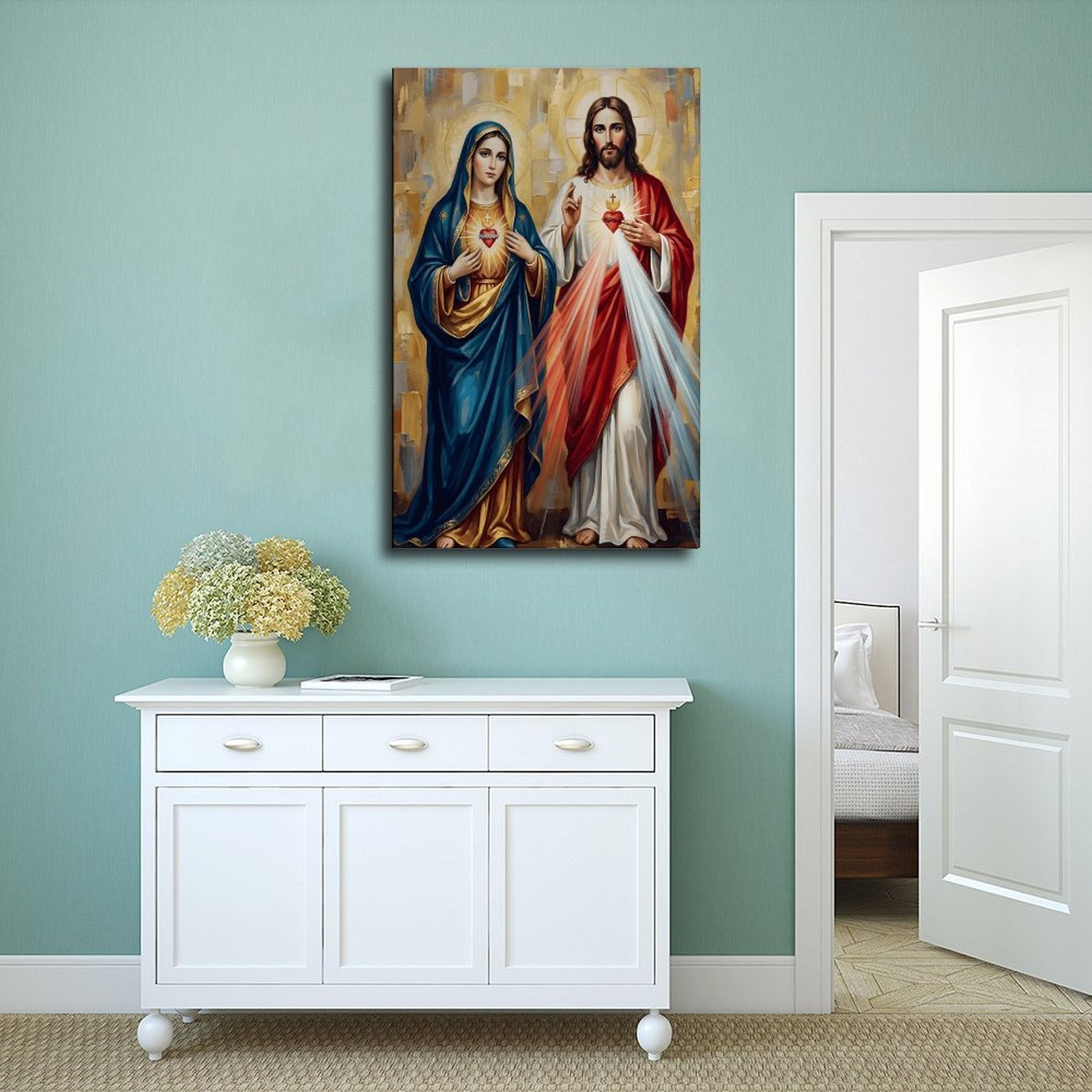 sacred hearts madonna and christ christian — Wrapped Canvas SCENE_02