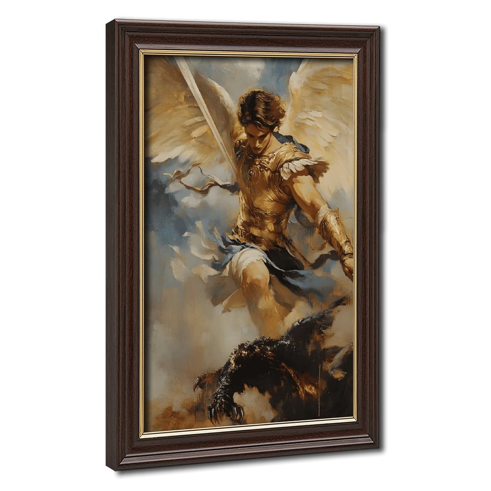 warrior angel sacred battle christian — Wood Grain Gold Frame HERO