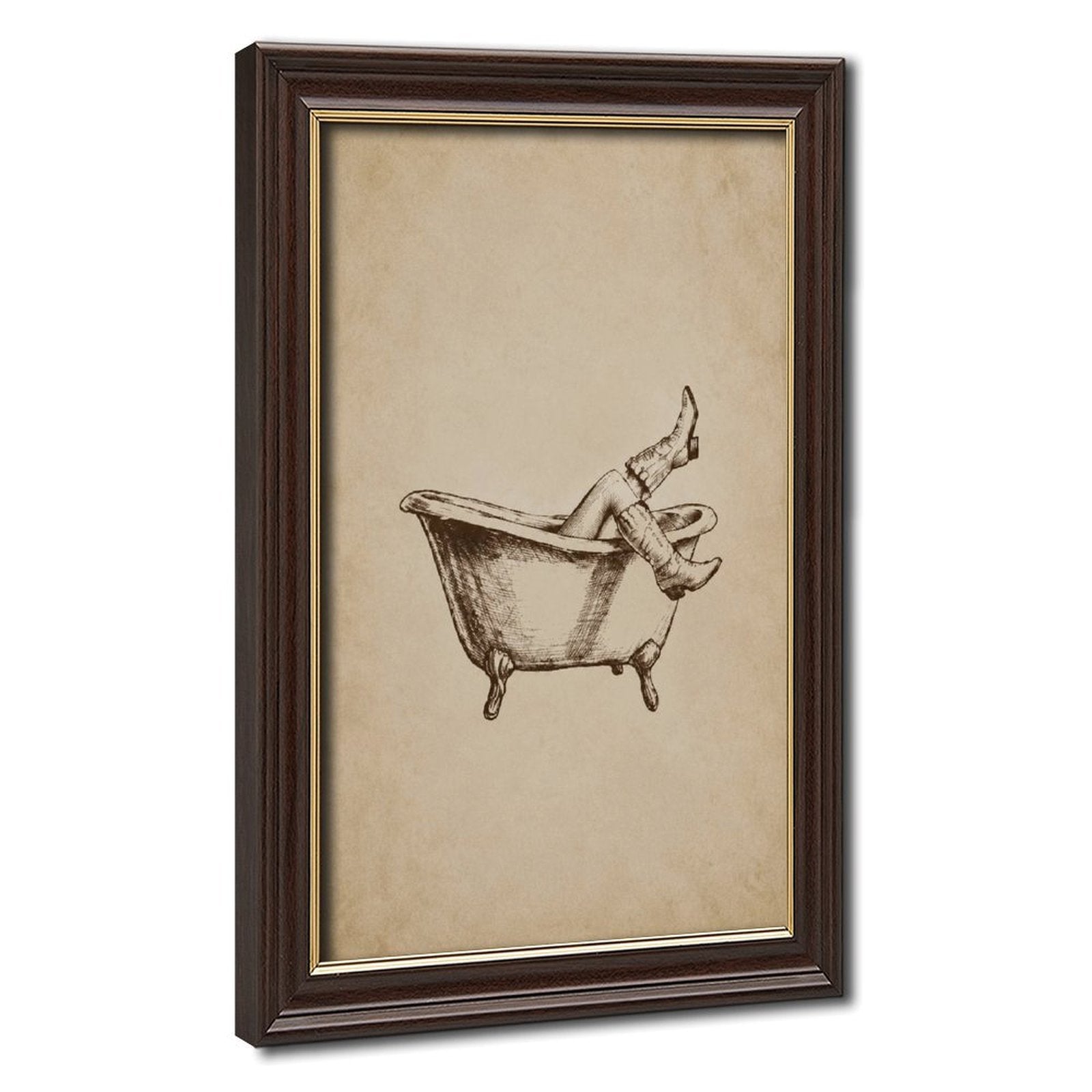 relaxed figure lounging in a clawfoot bathtub with legs raised in sepia, warm cream tones — Wood Grain Gold Frame HERO