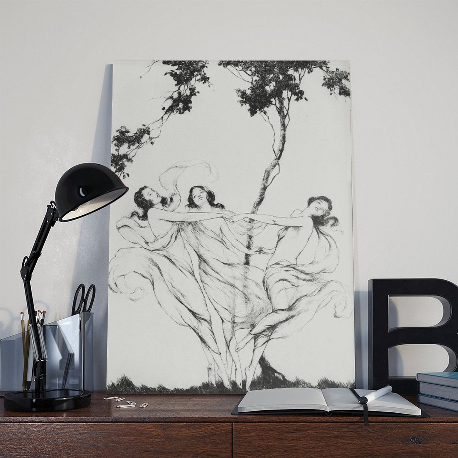 classical human figures beneath trees in classical line art style — Wrapped Canvas SCENE_06