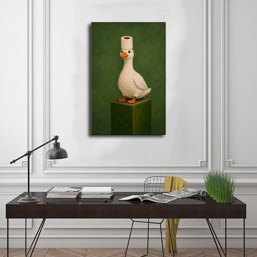 white goose wearing a toilet paper roll like a hat in olive green, white, orange tones — Wrapped Canvas SCENE_01
