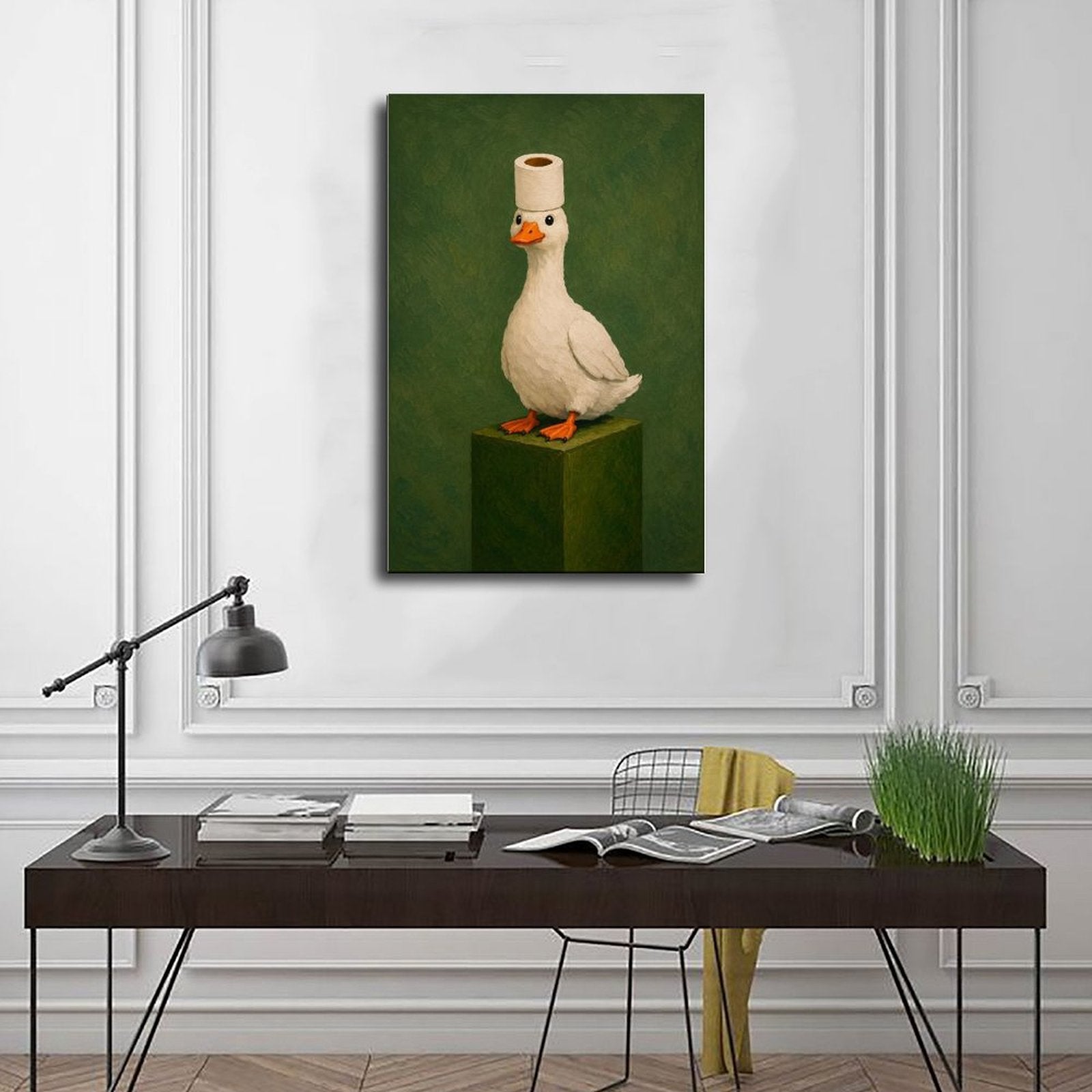 white goose wearing a toilet paper roll like a hat in olive green, white, orange tones — Wrapped Canvas SCENE_01