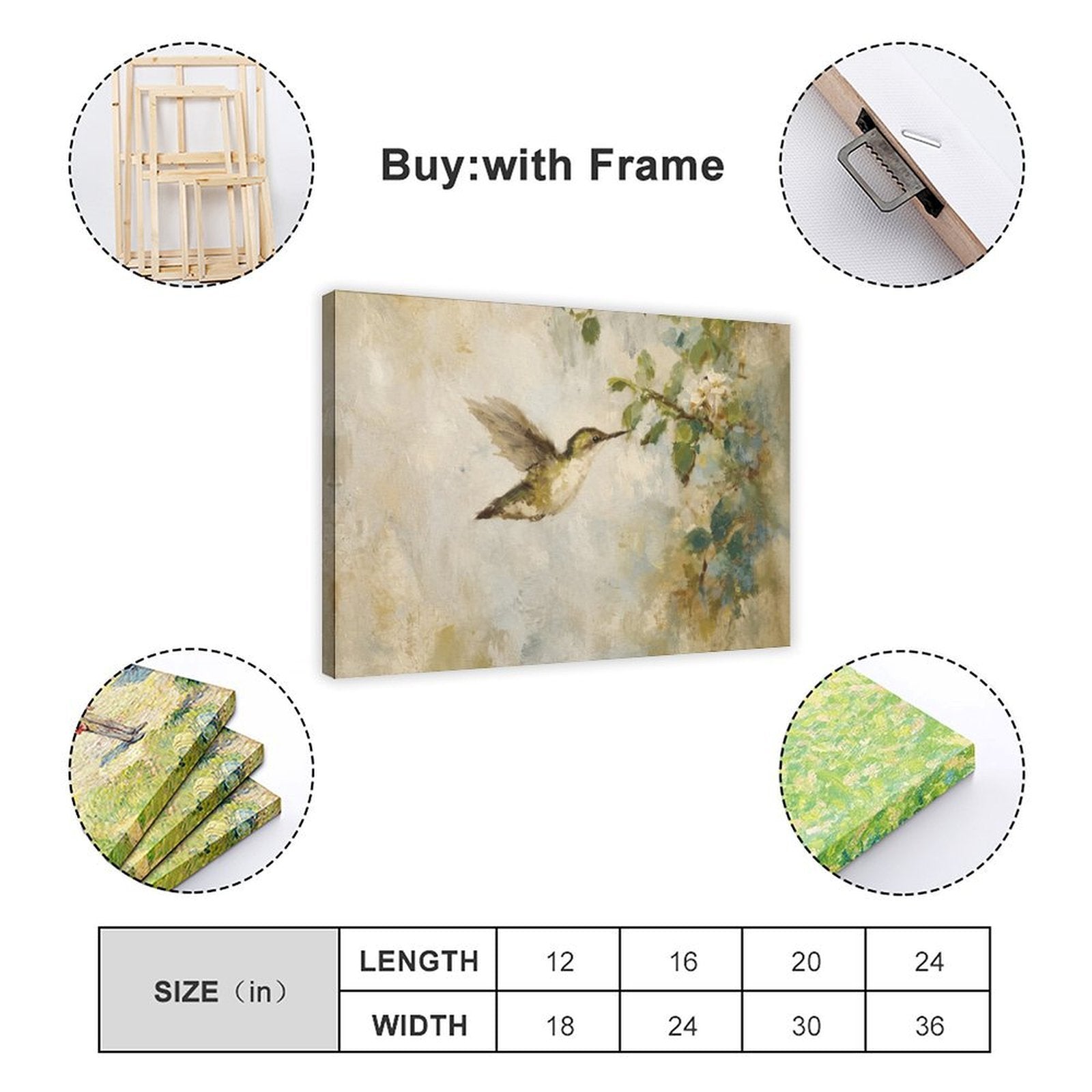 hummingbird hovering beside pale blossoms in cream, sage green, soft blue tones — Wrapped Canvas SIZE_GUIDE
