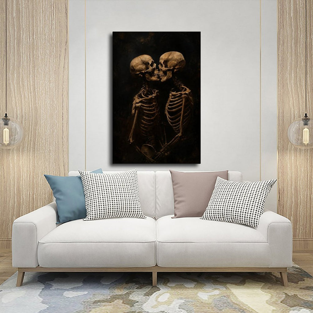 two skeletons leaning together in a kiss in black, bone beige, deep brown tones — Wrapped Canvas SCENE_03