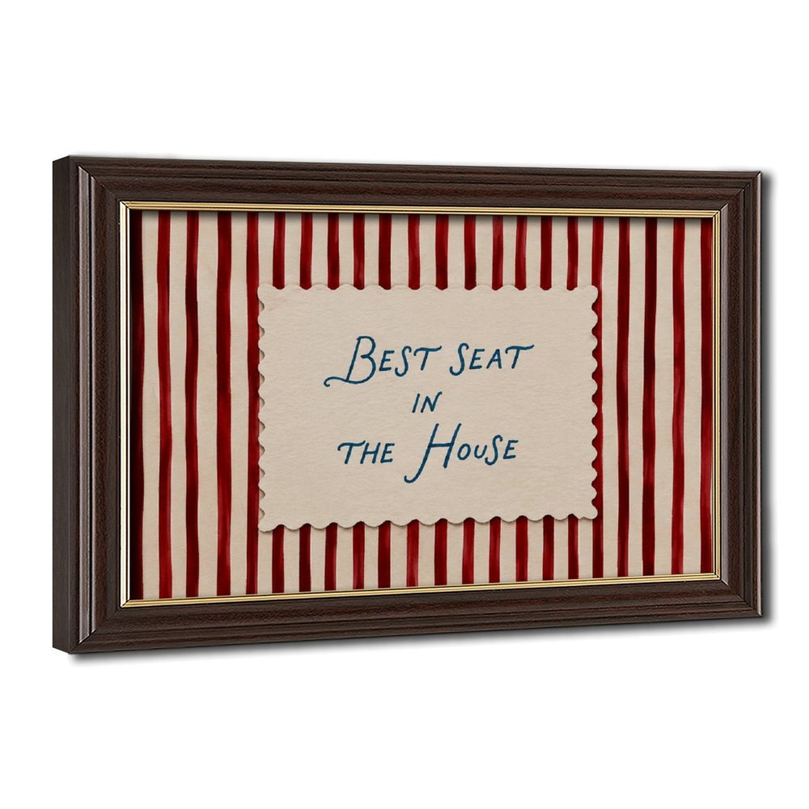 blue handwritten phrase on red striped background in red, cream, blue tones — Wood Grain Gold Frame HERO