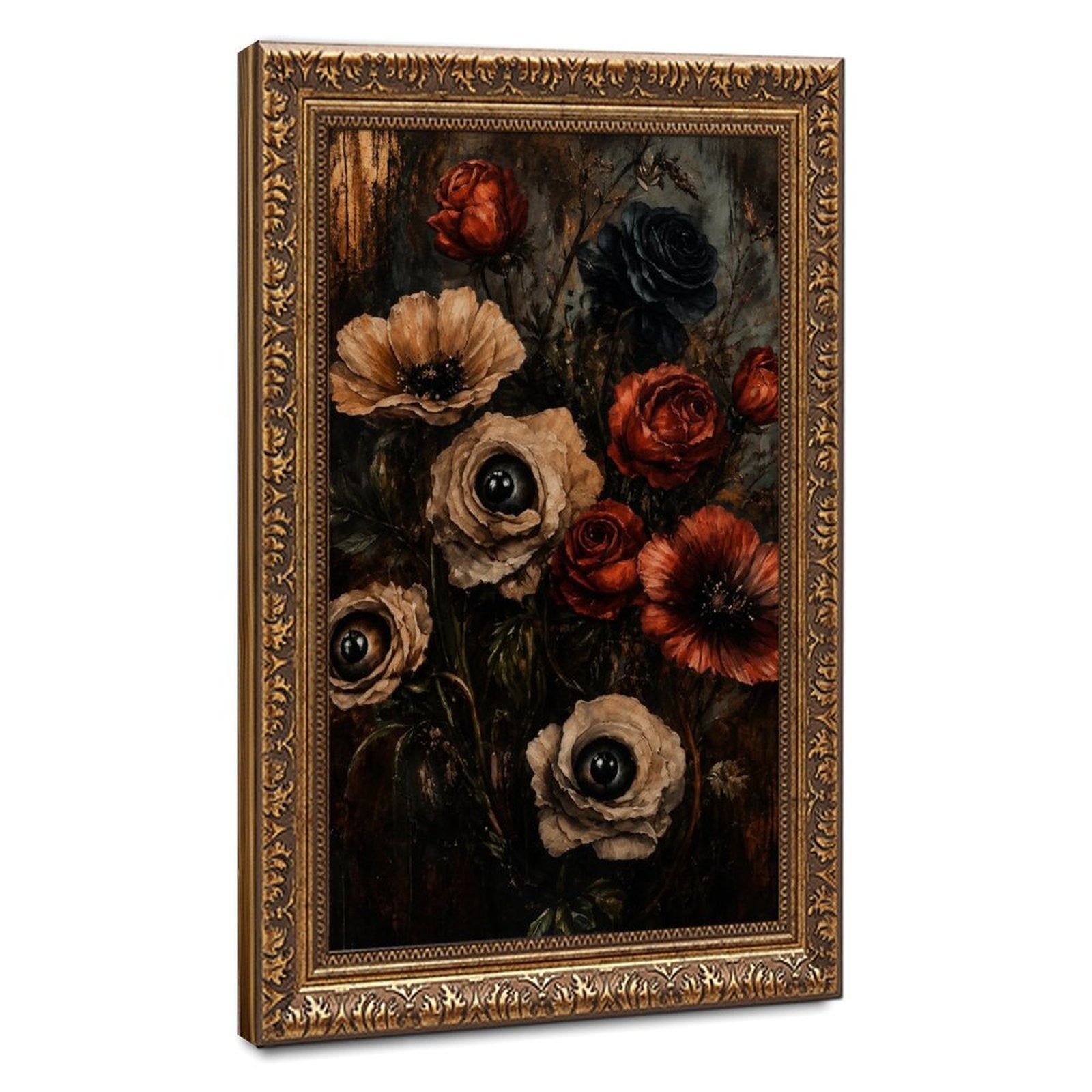 dark floral bouquet with realistic eyes in flower centers in black, deep red, taupe tones — Vintage Gold Frame HERO