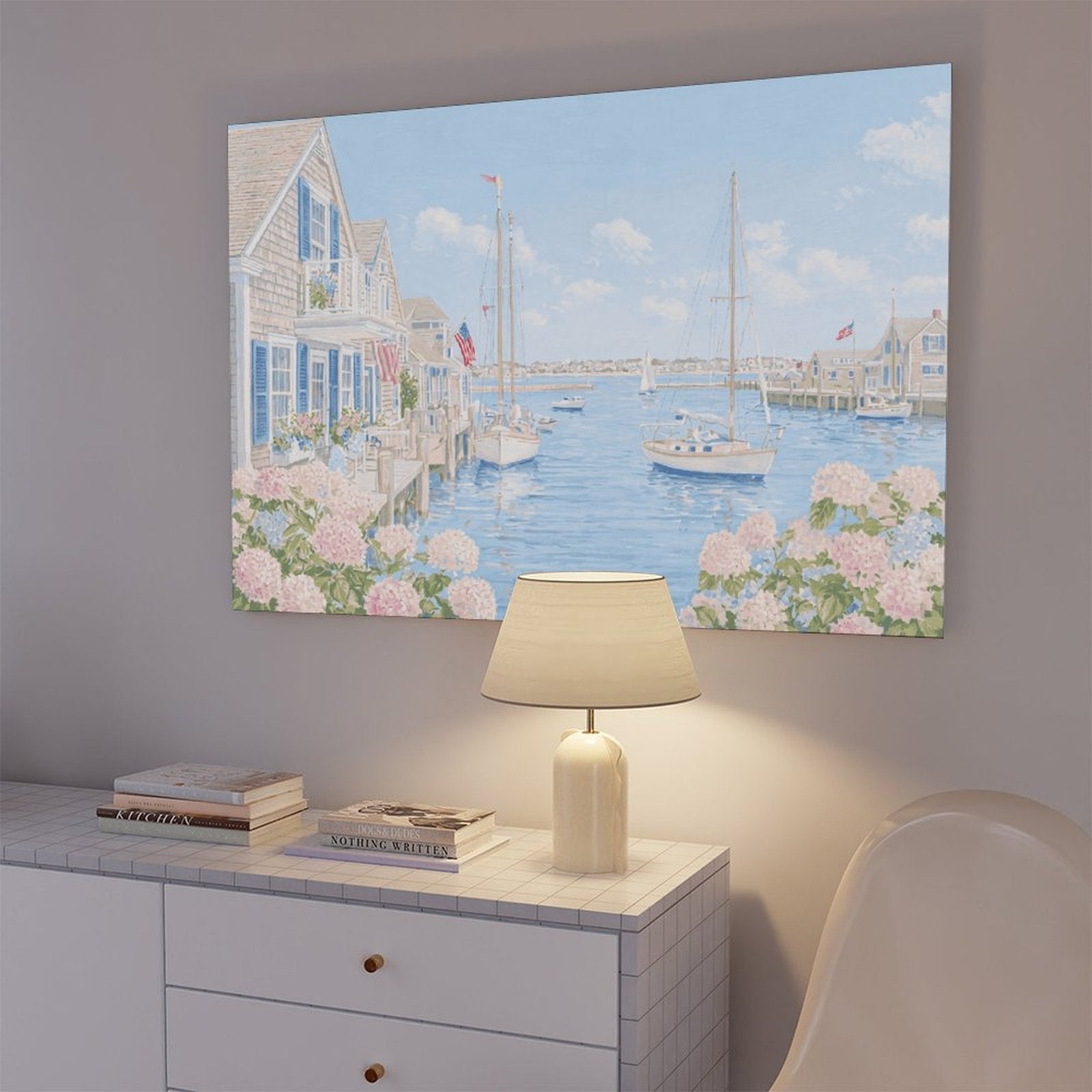 pastel coastal harbor village with boats in coastal landscape painting style — Wrapped Canvas SCENE_05