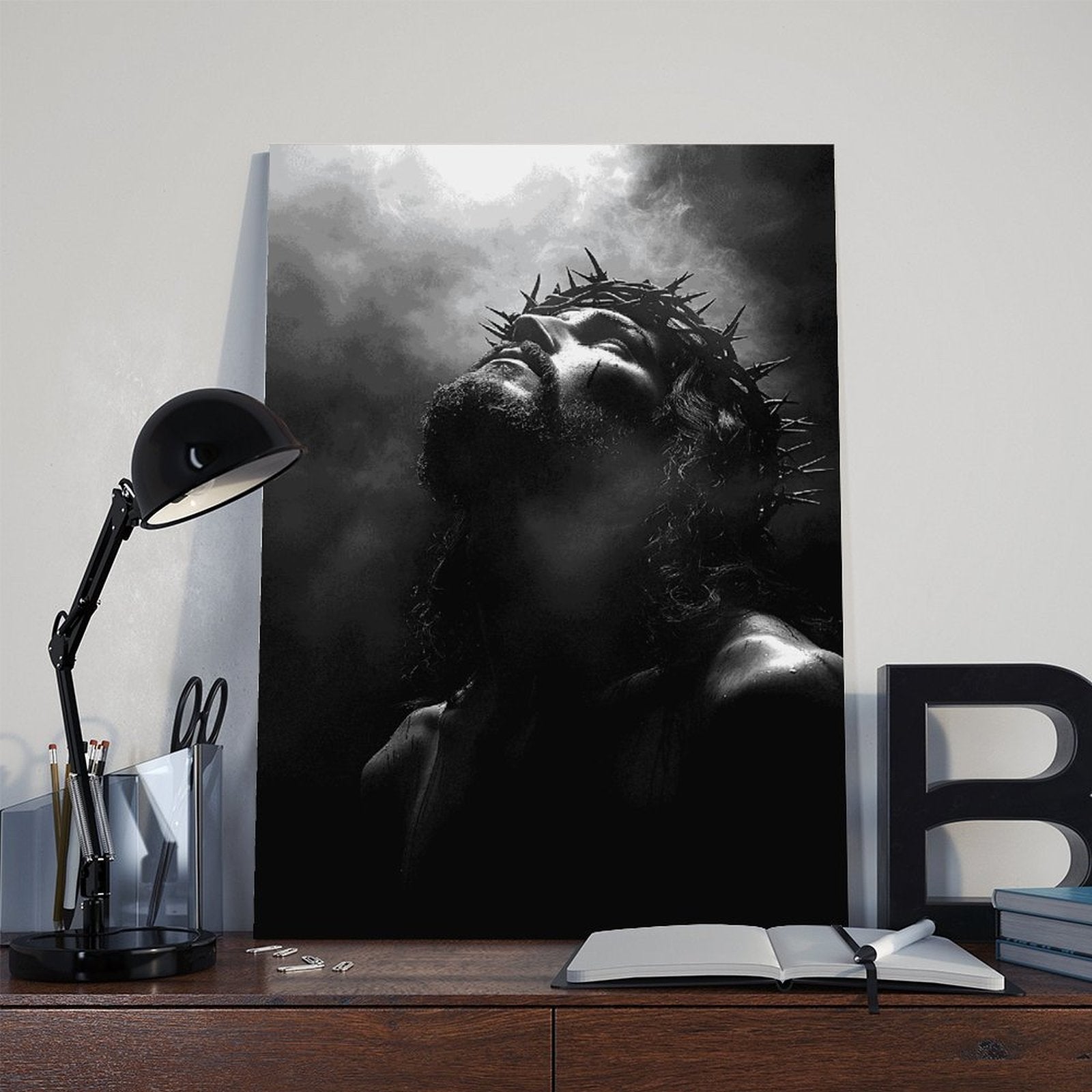 solemn man wearing a crown of thorns in prayer in religious portrait art style — Wrapped Canvas SCENE_06