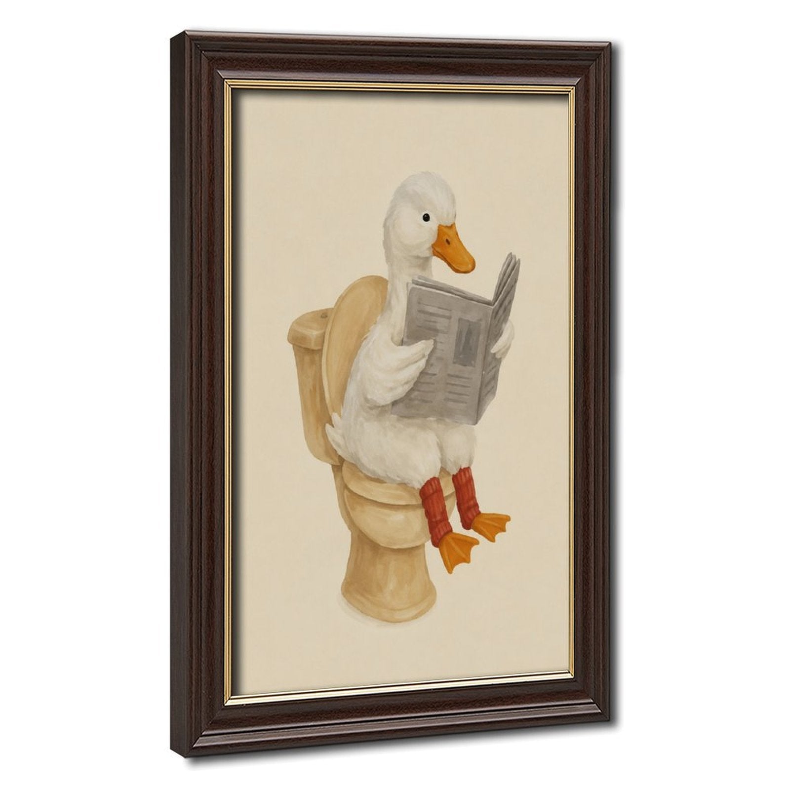 white duck sitting on a toilet reading a newspaper in cream, white, tan tones — Wood Grain Gold Frame HERO