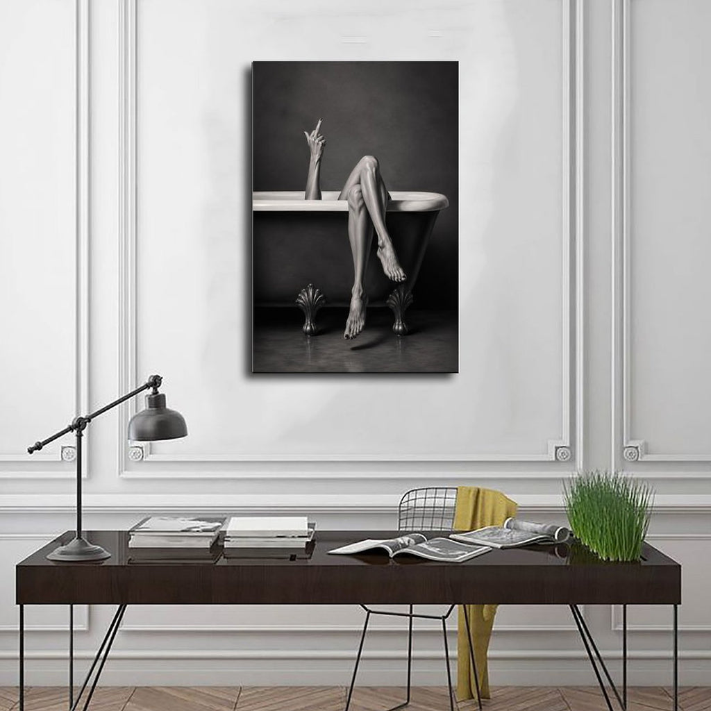 Black-and-white artwork of a clawfoot bathtub with crossed legs and a raised defiant hand gesture — Wrapped Canvas SCENE_01