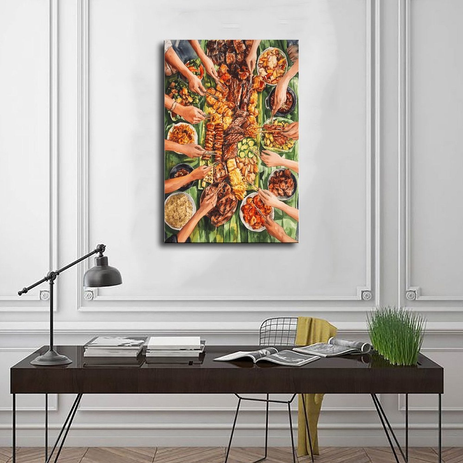 overhead table filled with a colorful shared meal in contemporary food illustration style — Wrapped Canvas SCENE_01