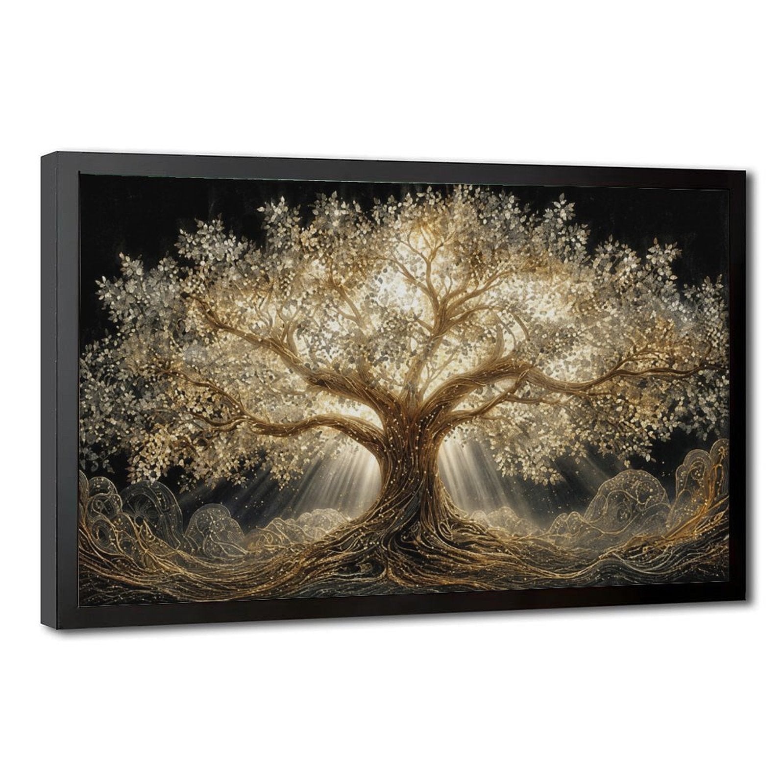 luminous golden tree with sprawling roots and branches in gold, black, warm white tones — Black Frame HERO