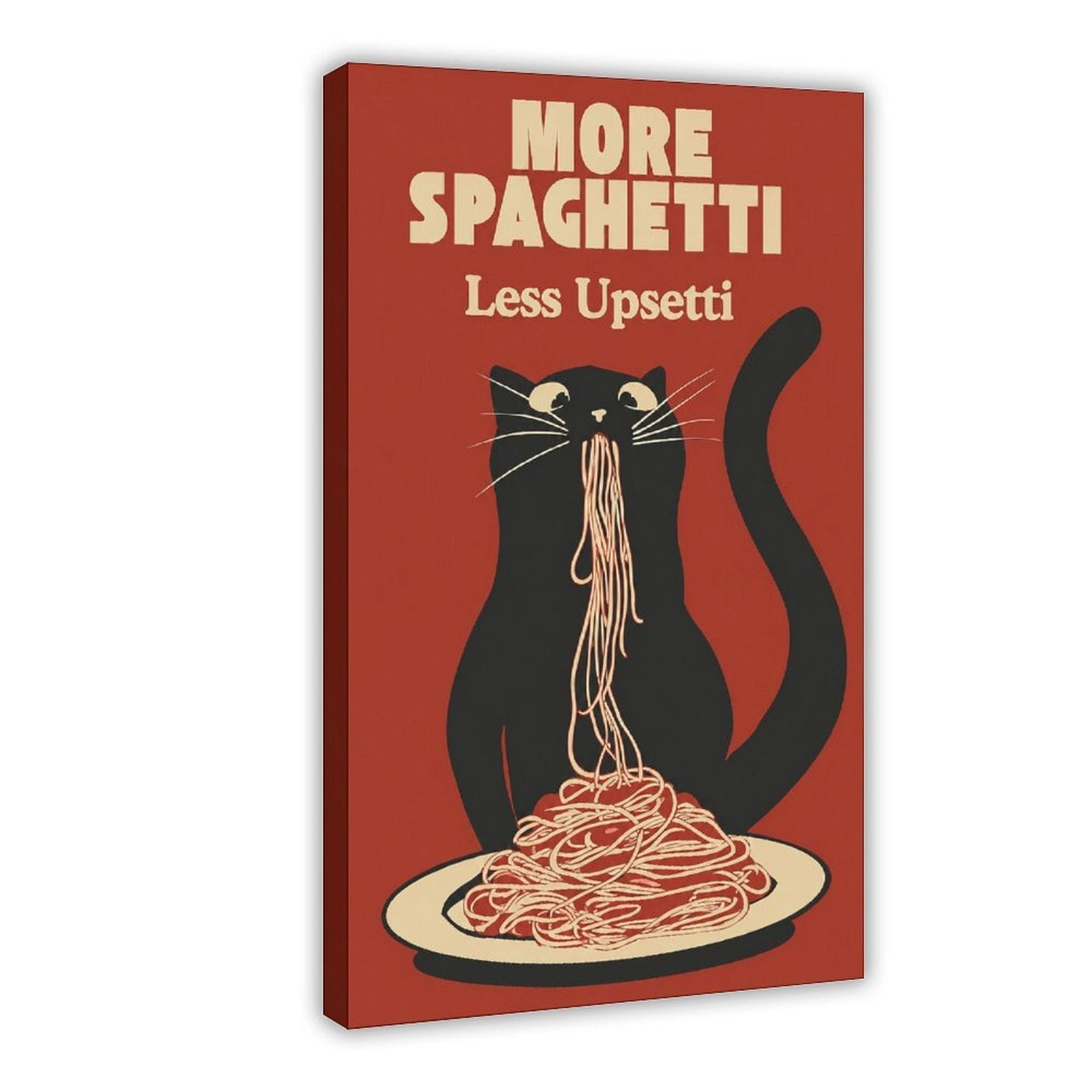 black cat eating spaghetti beneath humorous typography in brick red, black, cream tones — Wrapped Canvas HERO