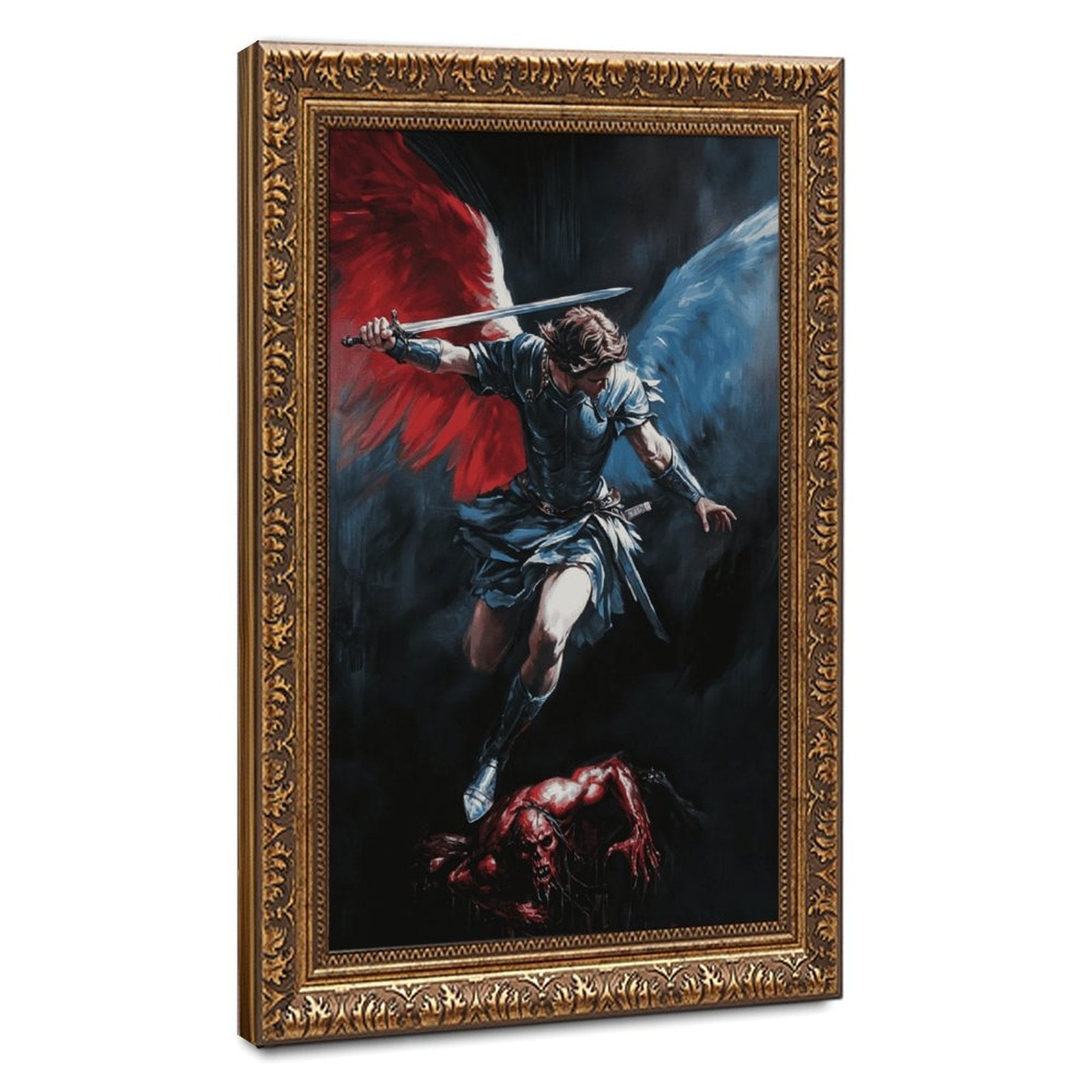 winged archangel warrior battling a red dragon in religious fantasy art style — Vintage Gold Frame HERO
