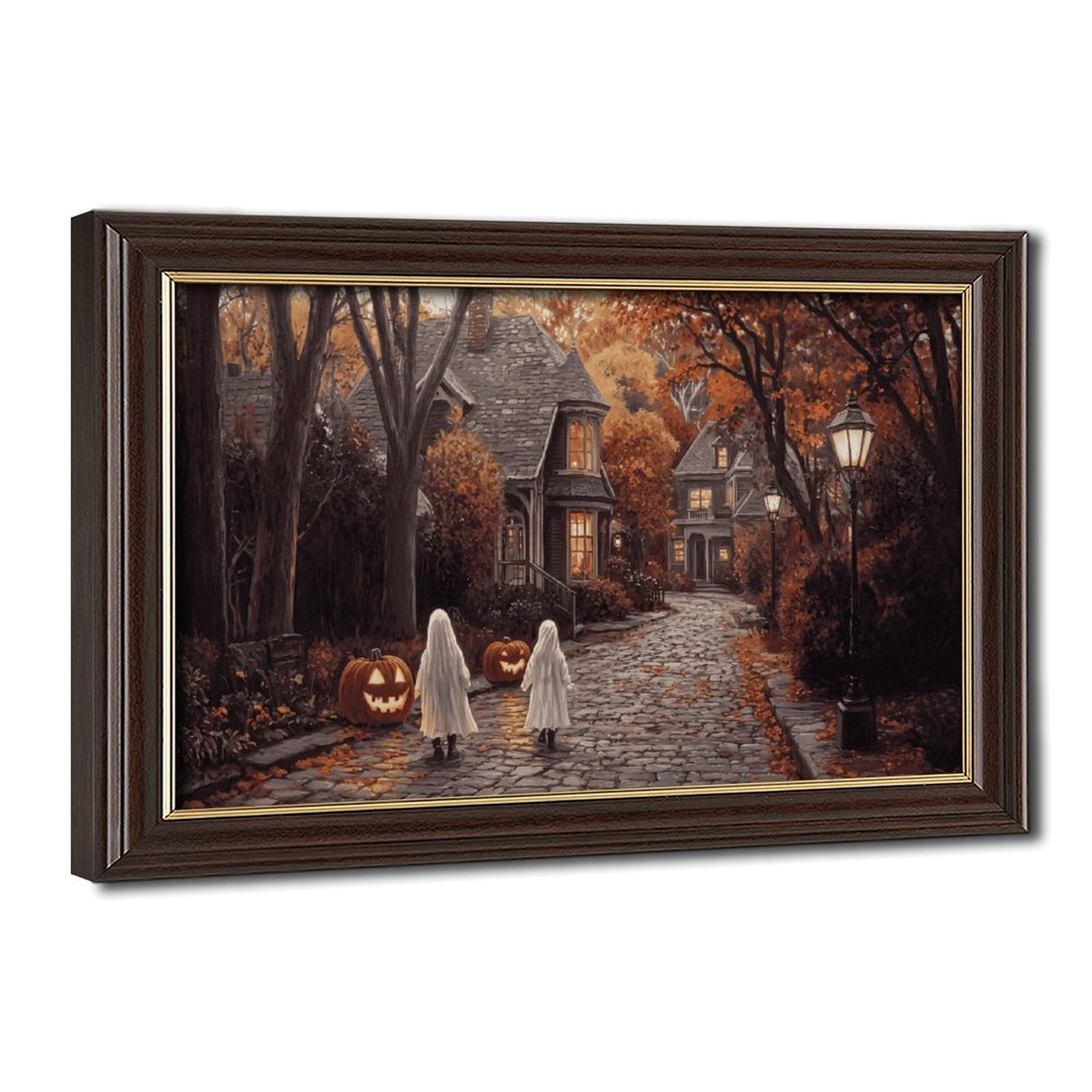 two sheet ghosts in an autumn village in whimsical halloween illustration style — Wood Grain Gold Frame HERO