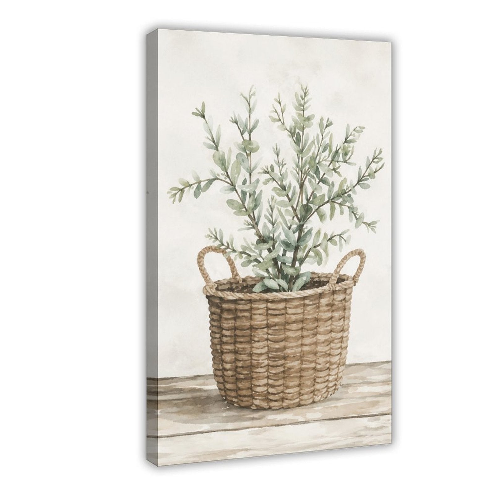 woven basket with silvery green leafy branches in sage green, warm beige, cream tones — Wrapped Canvas HERO