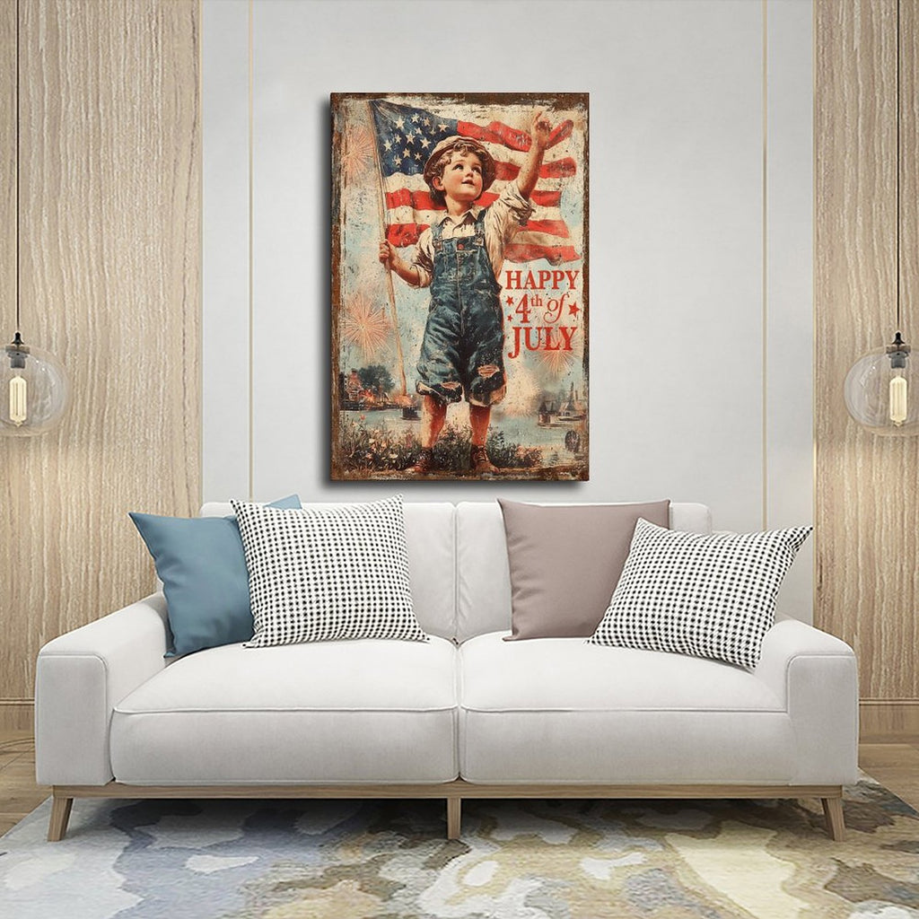 vintage patriotic boy holding an American flag in vintage illustration style — Wrapped Canvas SCENE_03