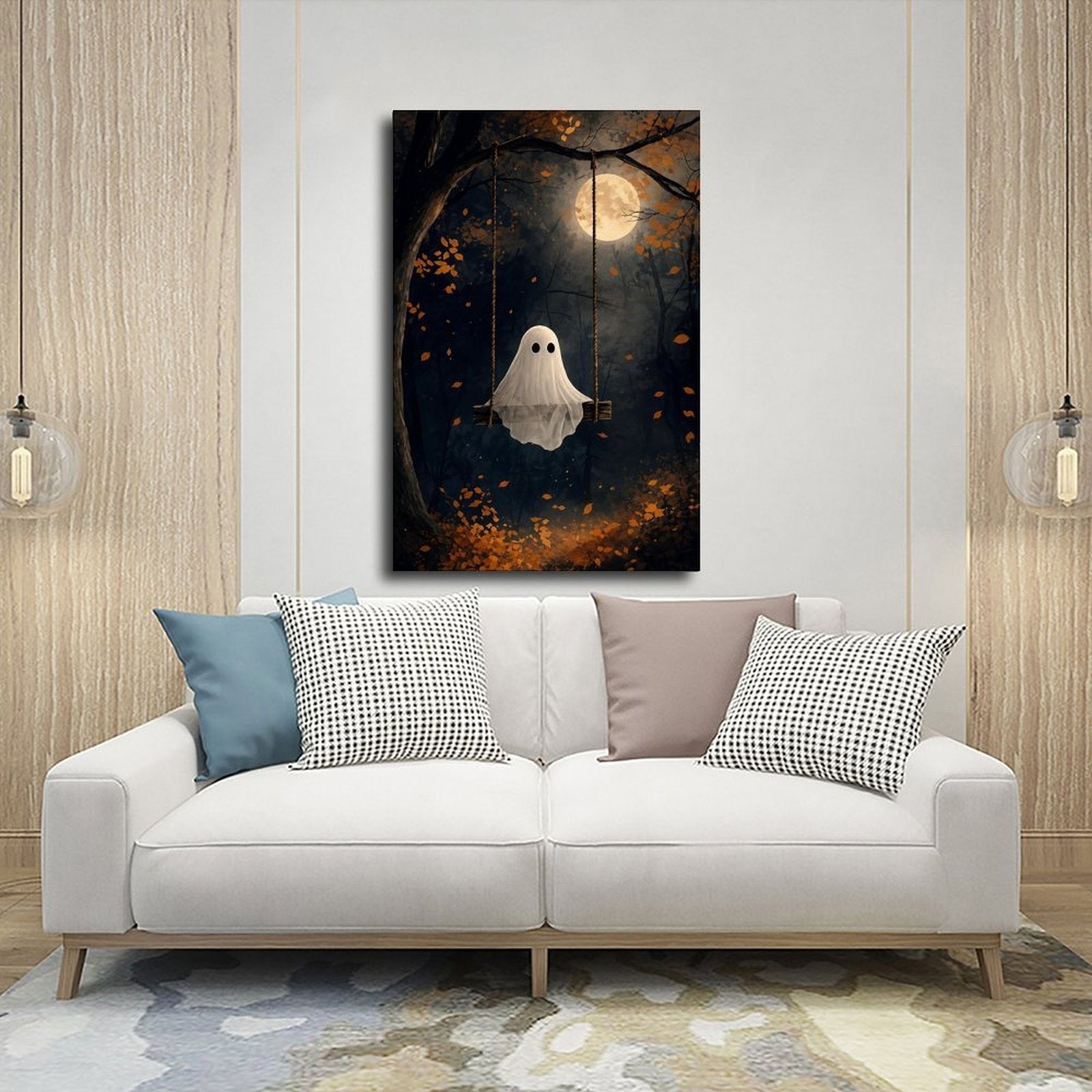 sheet ghost sitting on a swing beneath a full moon in navy blue, orange, white tones — Wrapped Canvas SCENE_03